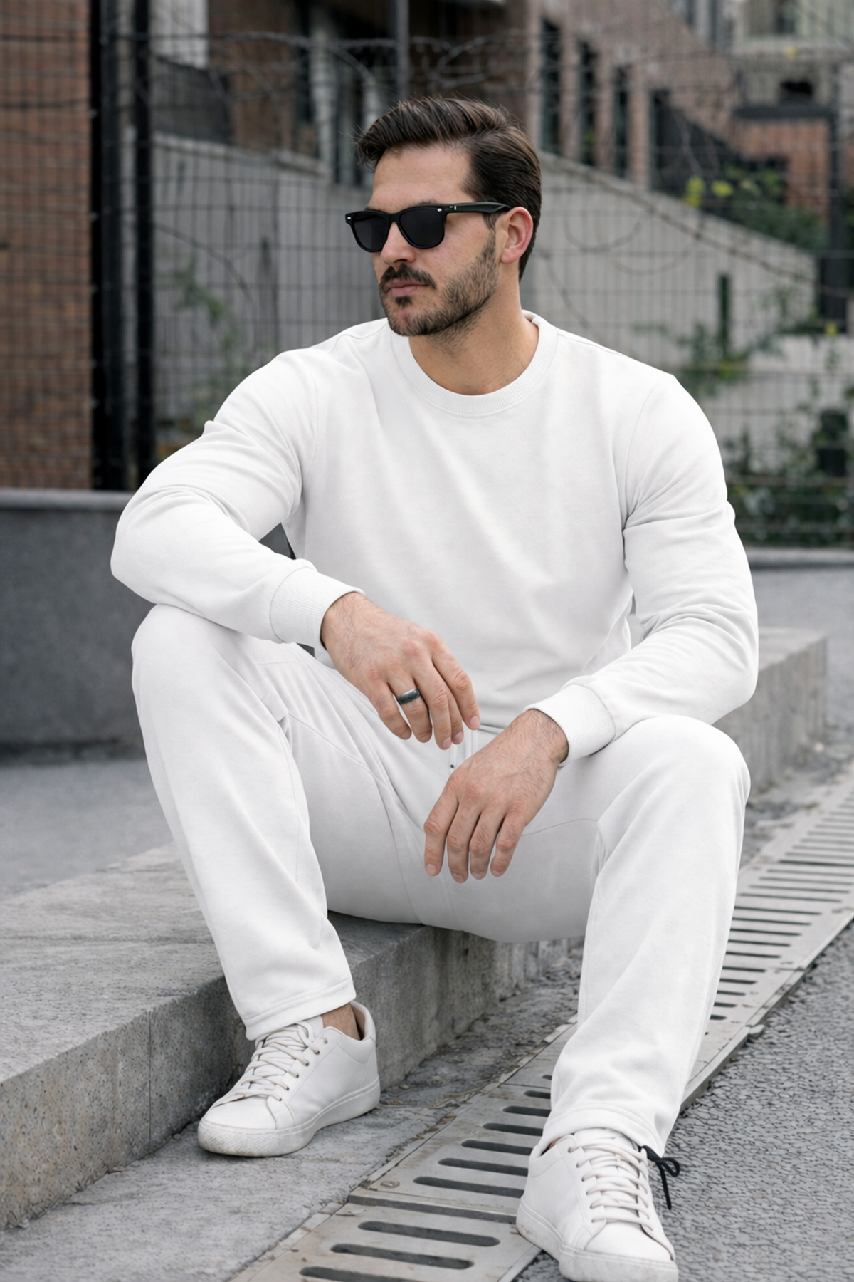 Erkek Pamuklu Bisiklet Yaka Dar Beyaz Eşofman Takımı