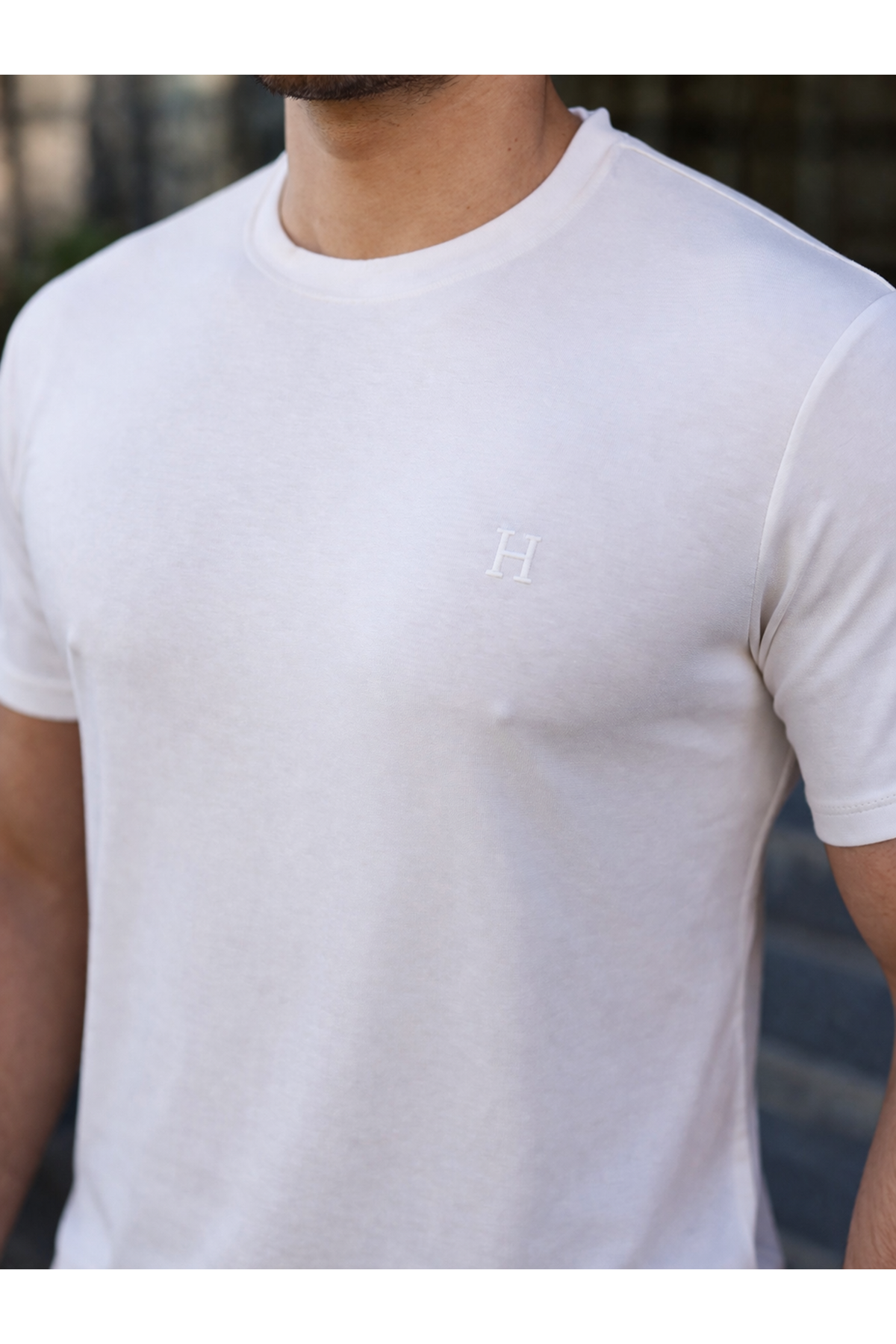 Erkek Kısa Kol Yazlık Baskılı Beyaz Dar Tişört