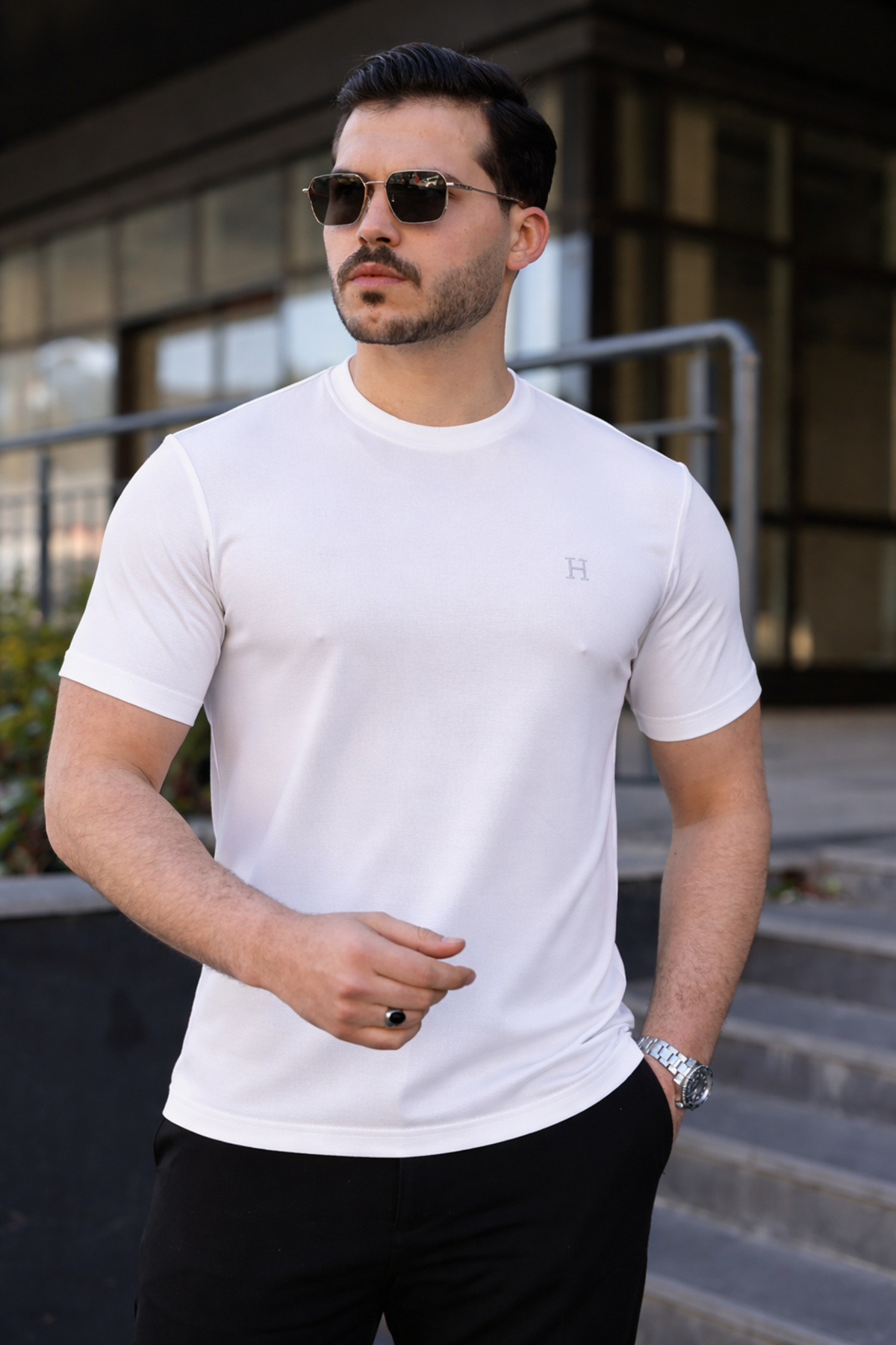 Erkek Kısa Kol Yazlık Baskılı Beyaz Dar Tişört