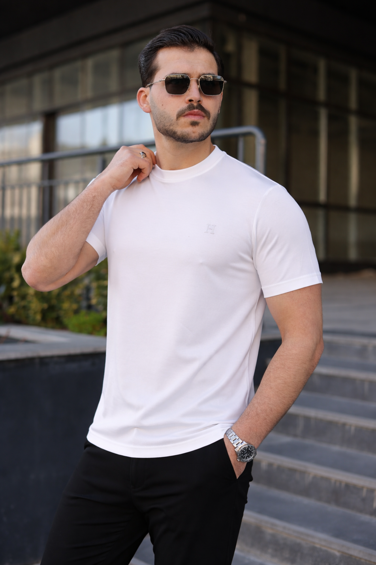 Erkek Kısa Kol Yazlık Baskılı Beyaz Dar Tişört