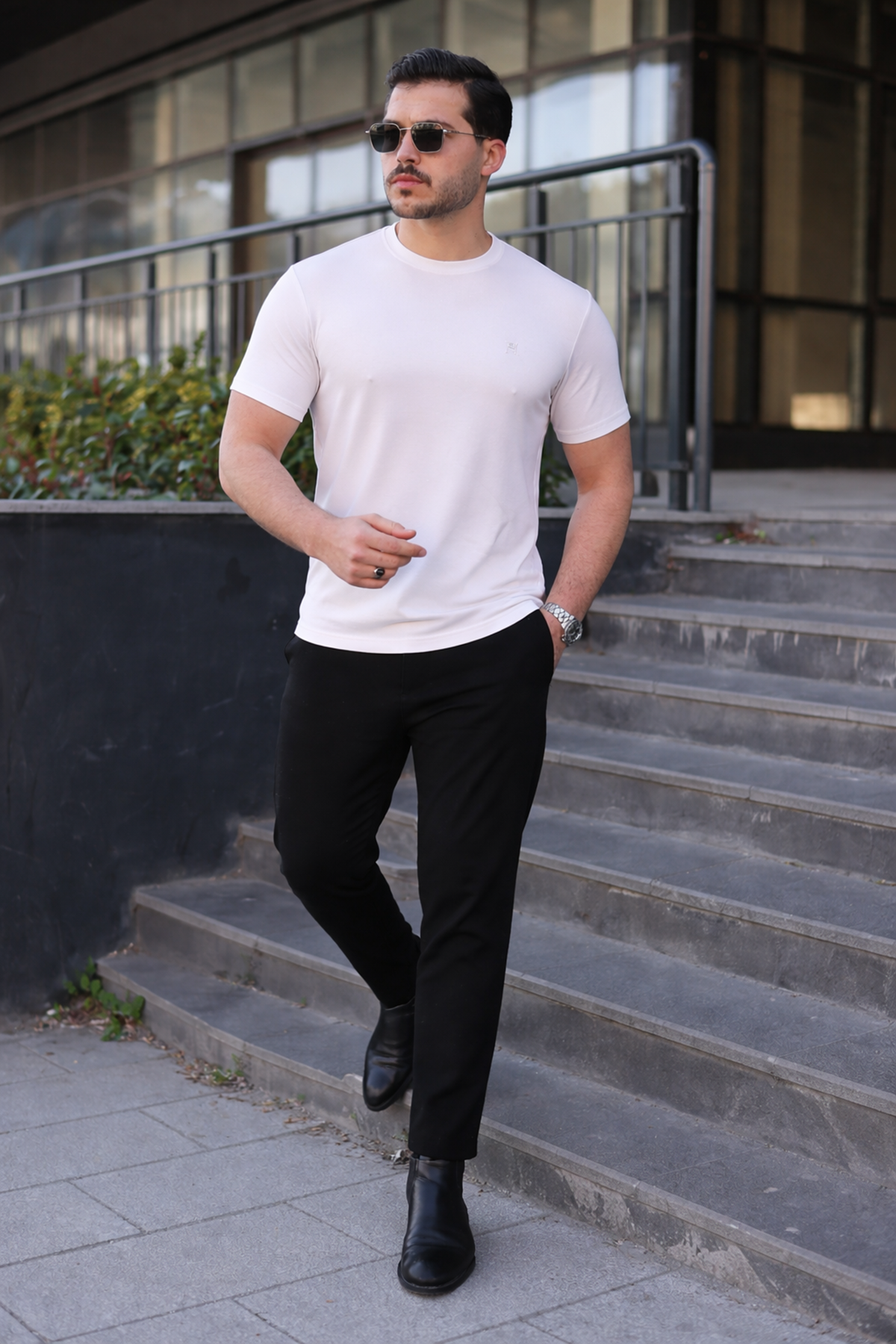 Erkek Kısa Kol Yazlık Baskılı Beyaz Dar Tişört