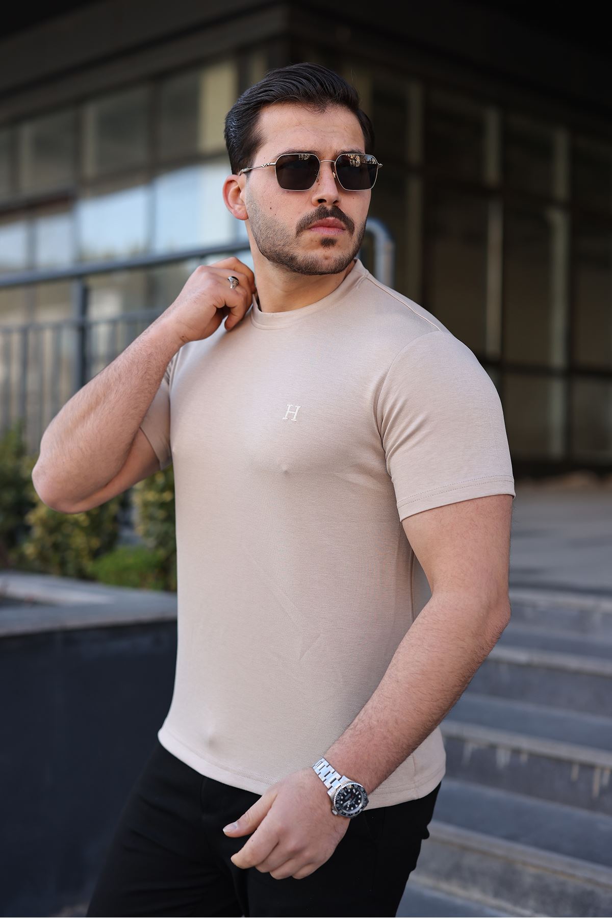 Erkek Kısa Kol Yazlık Baskılı Krem Dar Tişört