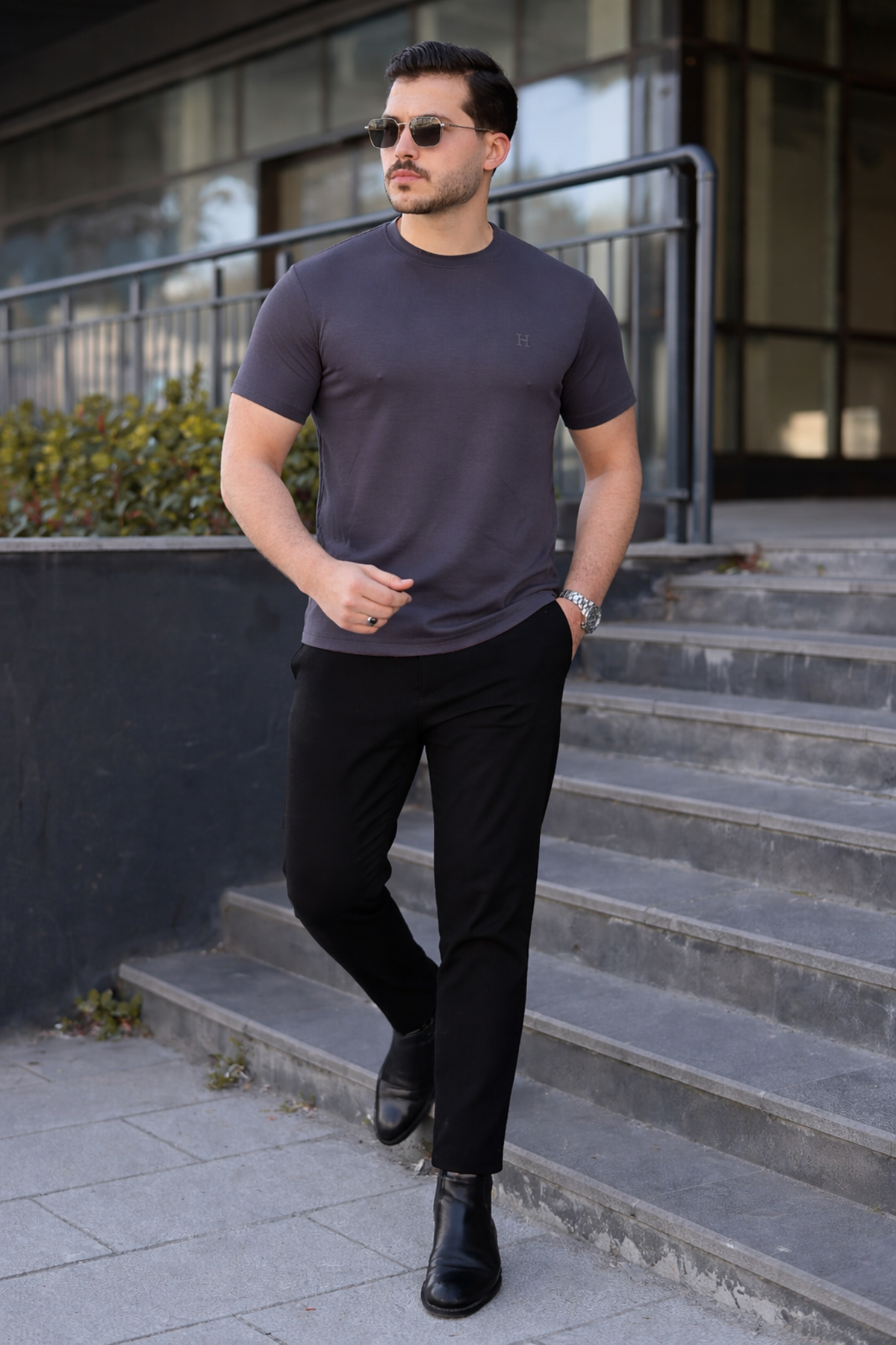Erkek Kısa Kol Yazlık Baskılı Füme Dar Tişört