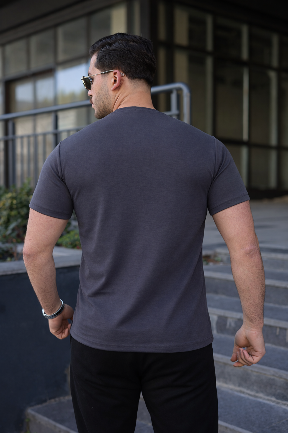 Erkek Kısa Kol Yazlık Baskılı Füme Dar Tişört