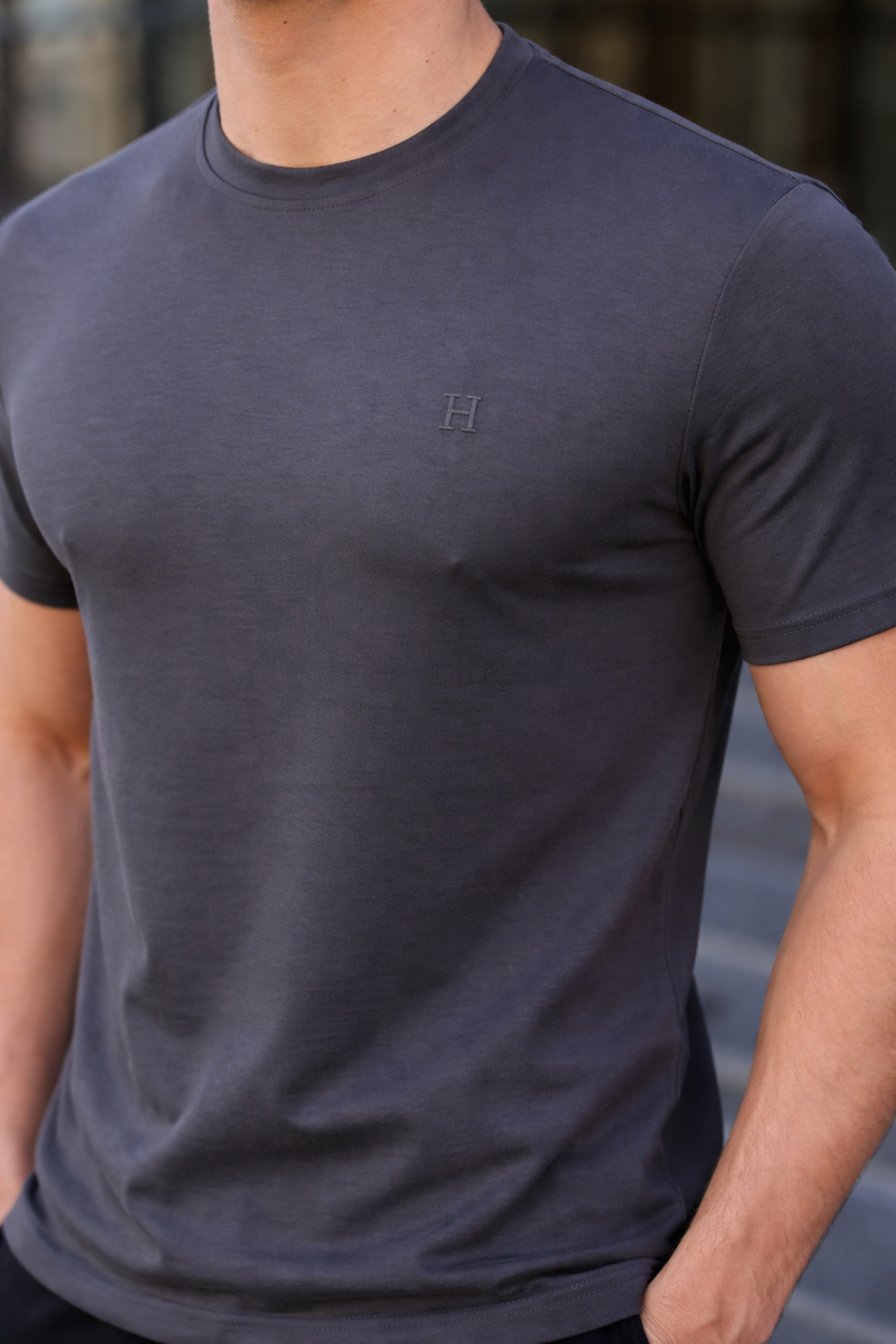 Erkek Kısa Kol Yazlık Baskılı Füme Dar Tişört