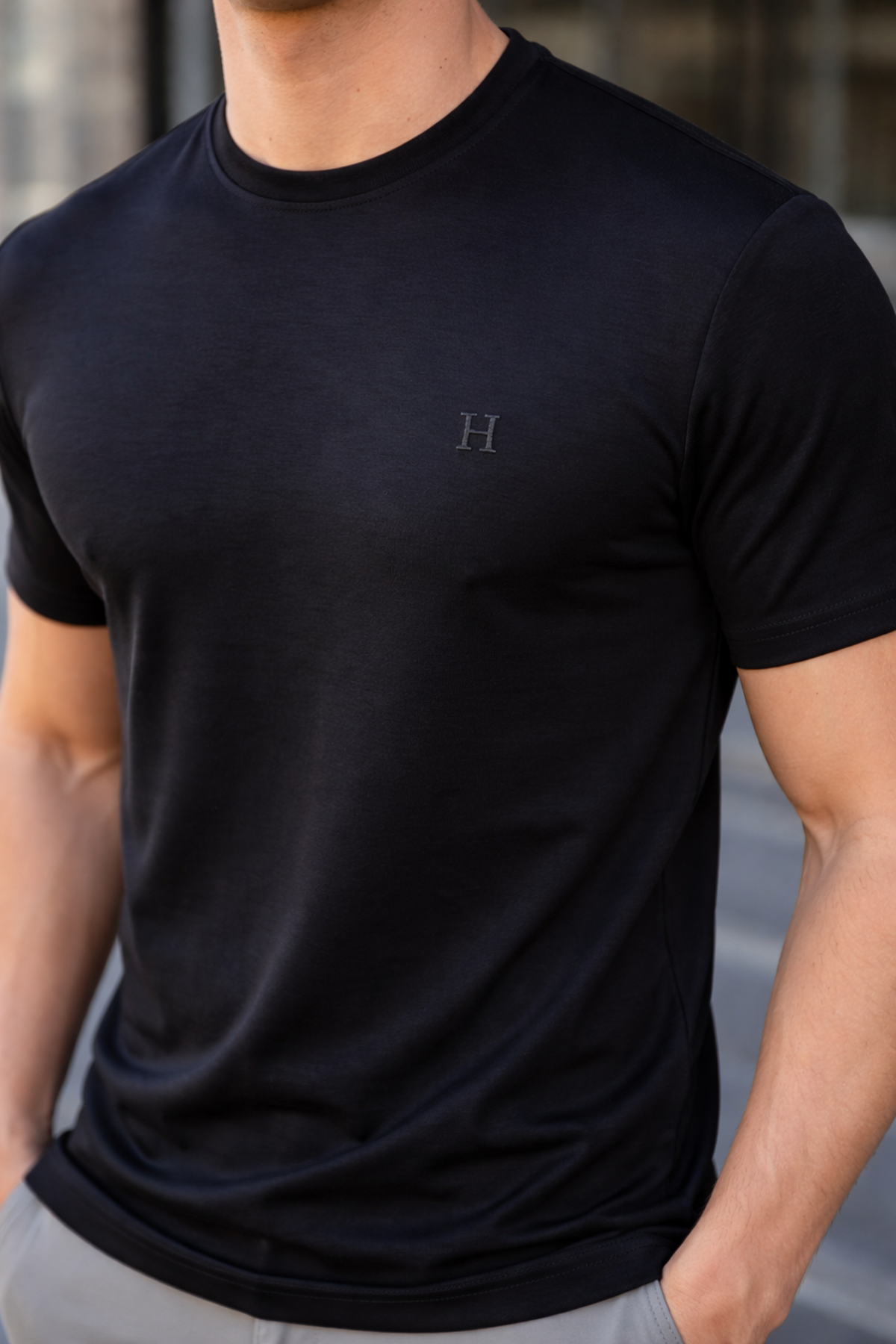 Erkek Kısa Kol Yazlık Baskılı Siyah Dar Tişört