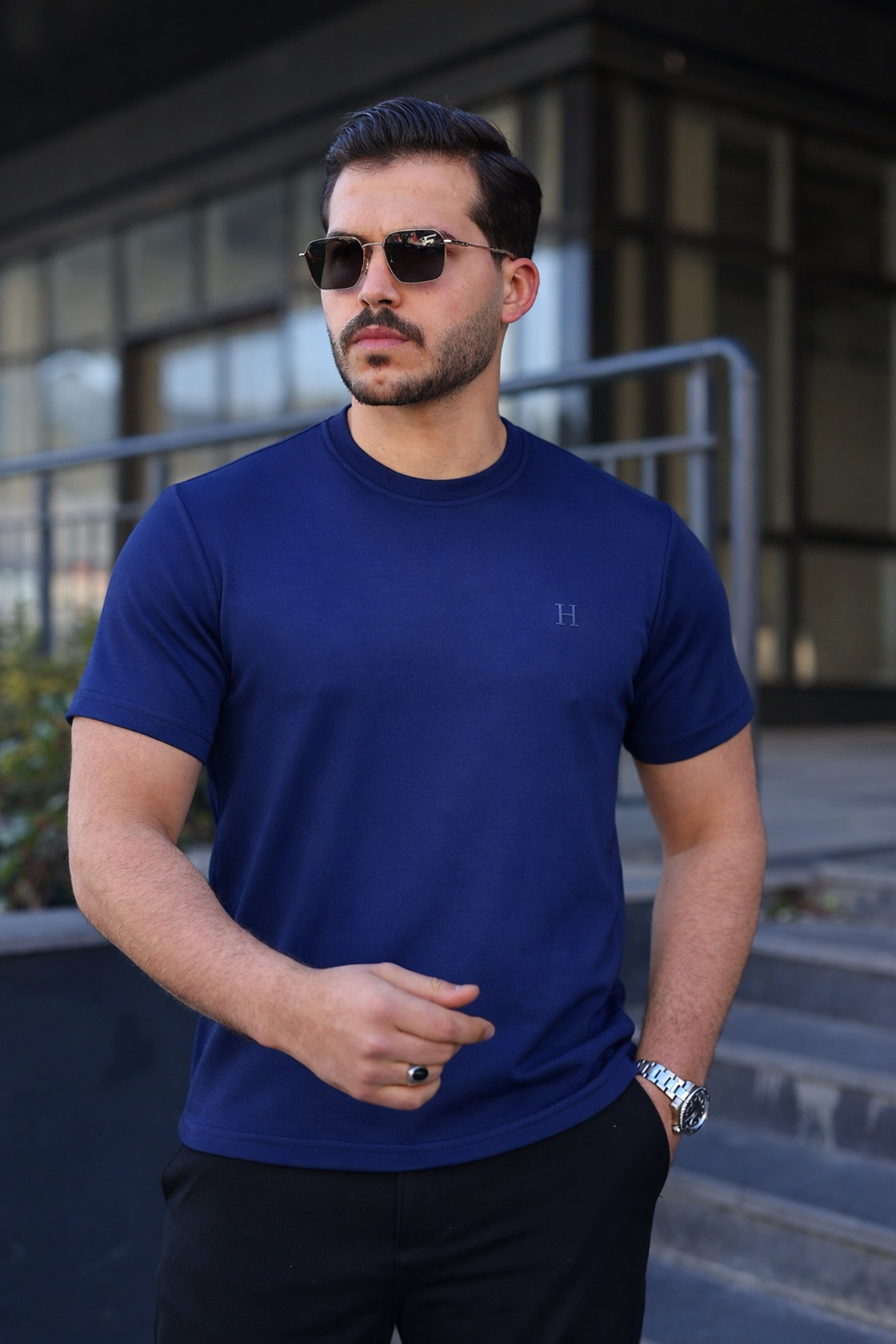 Erkek Kısa Kol Yazlık Baskılı Lacivert Dar Tişört