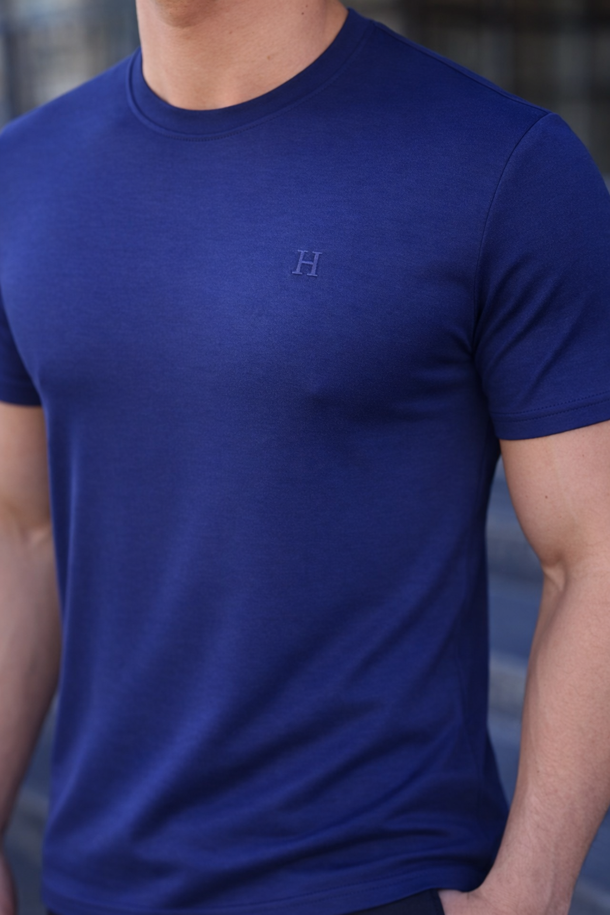 Erkek Kısa Kol Yazlık Baskılı Lacivert Dar Tişört