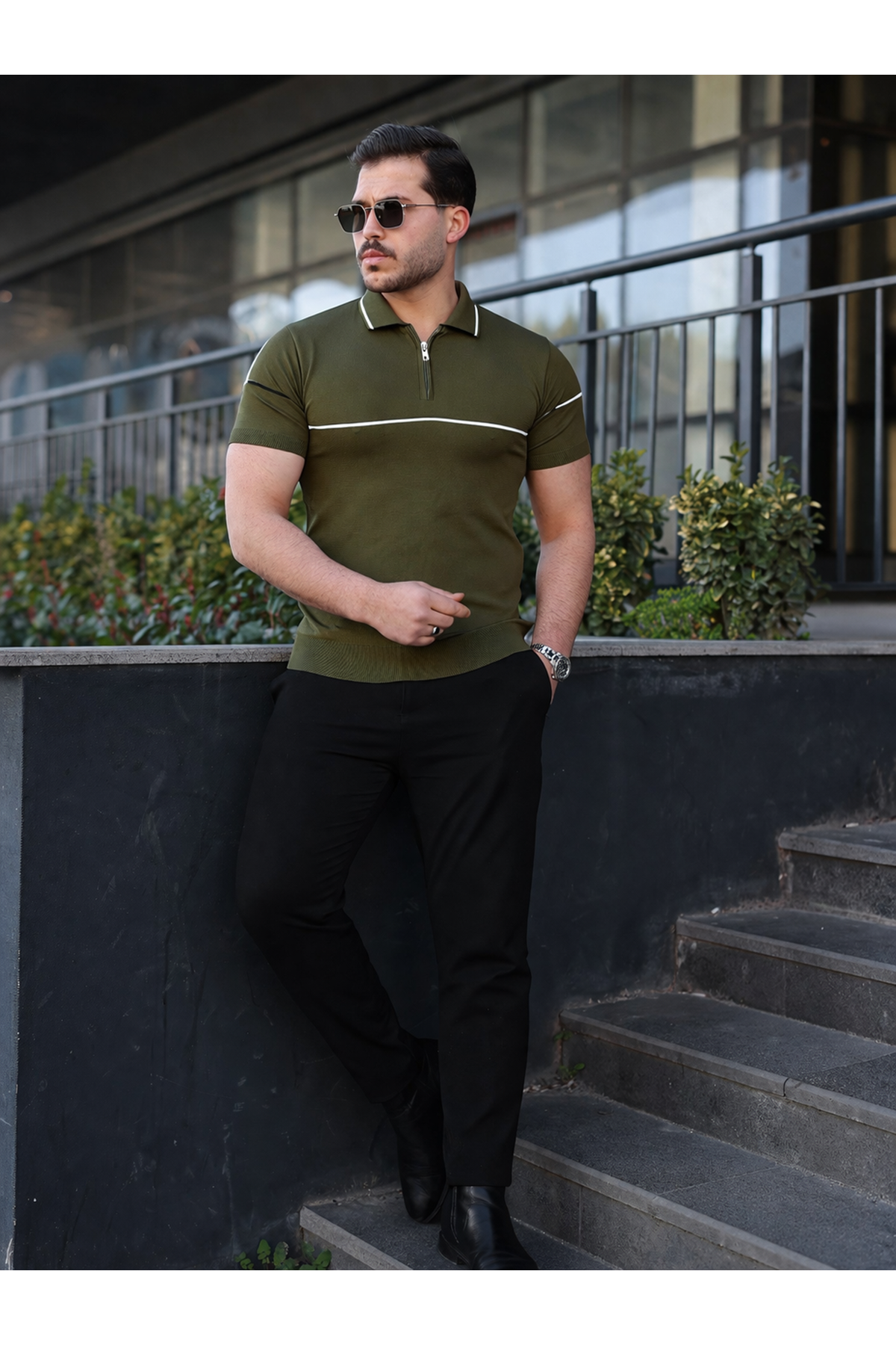 Erkek Günlük Çizgili Fermuarlı Triko Haki Polo Yaka Tişört