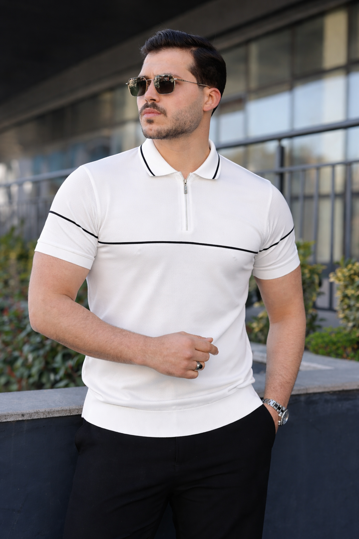 Erkek Günlük Çizgili Fermuarlı Triko Beyaz Polo Yaka Tişört