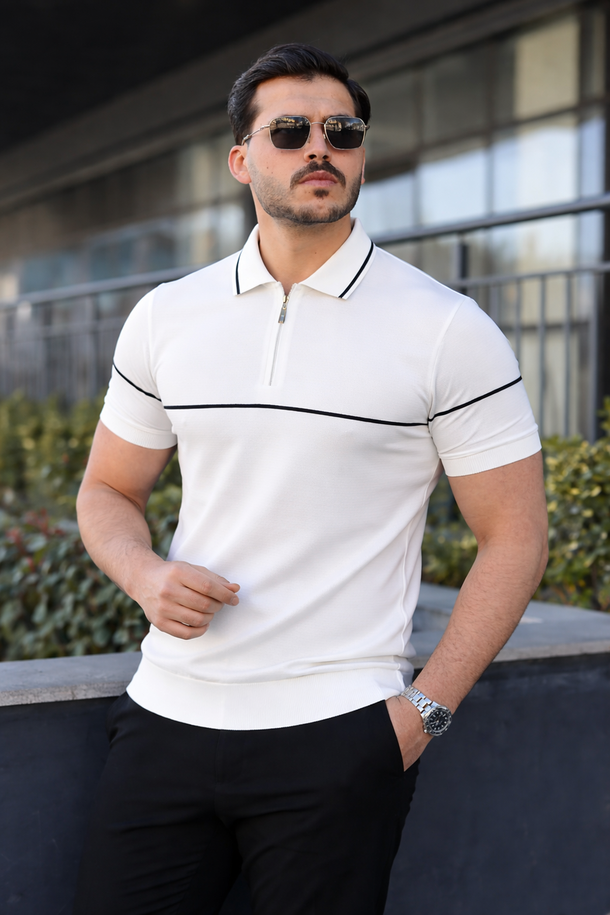 Erkek Günlük Çizgili Fermuarlı Triko Beyaz Polo Yaka Tişört