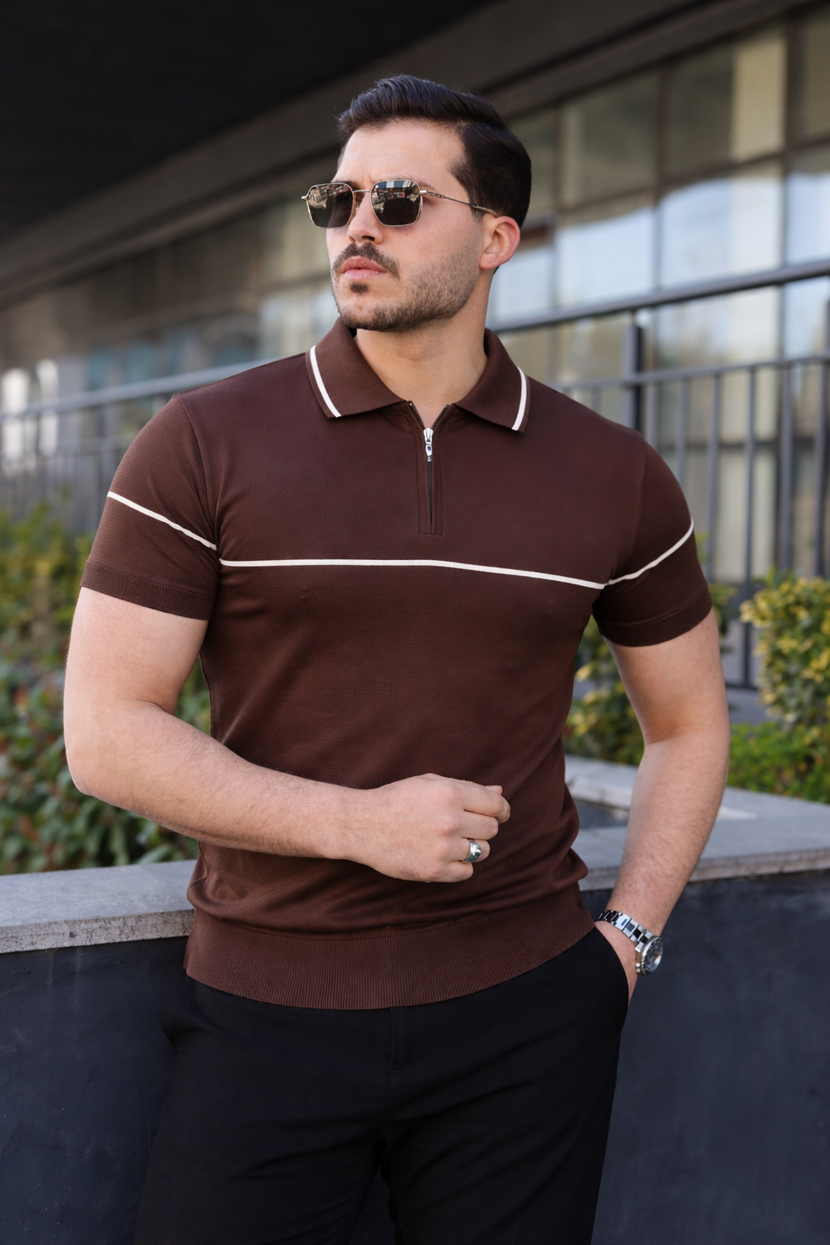 Erkek Günlük Çizgili Fermuarlı Triko Kahve Polo Yaka Tişört