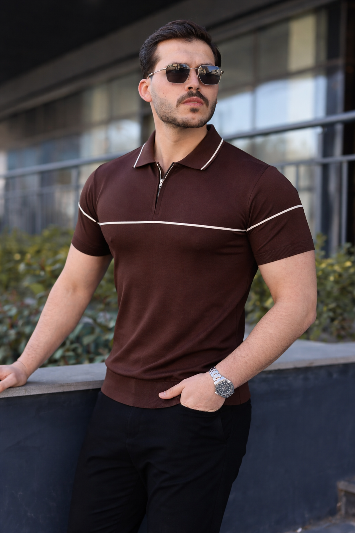 Erkek Günlük Çizgili Fermuarlı Triko Kahve Polo Yaka Tişört