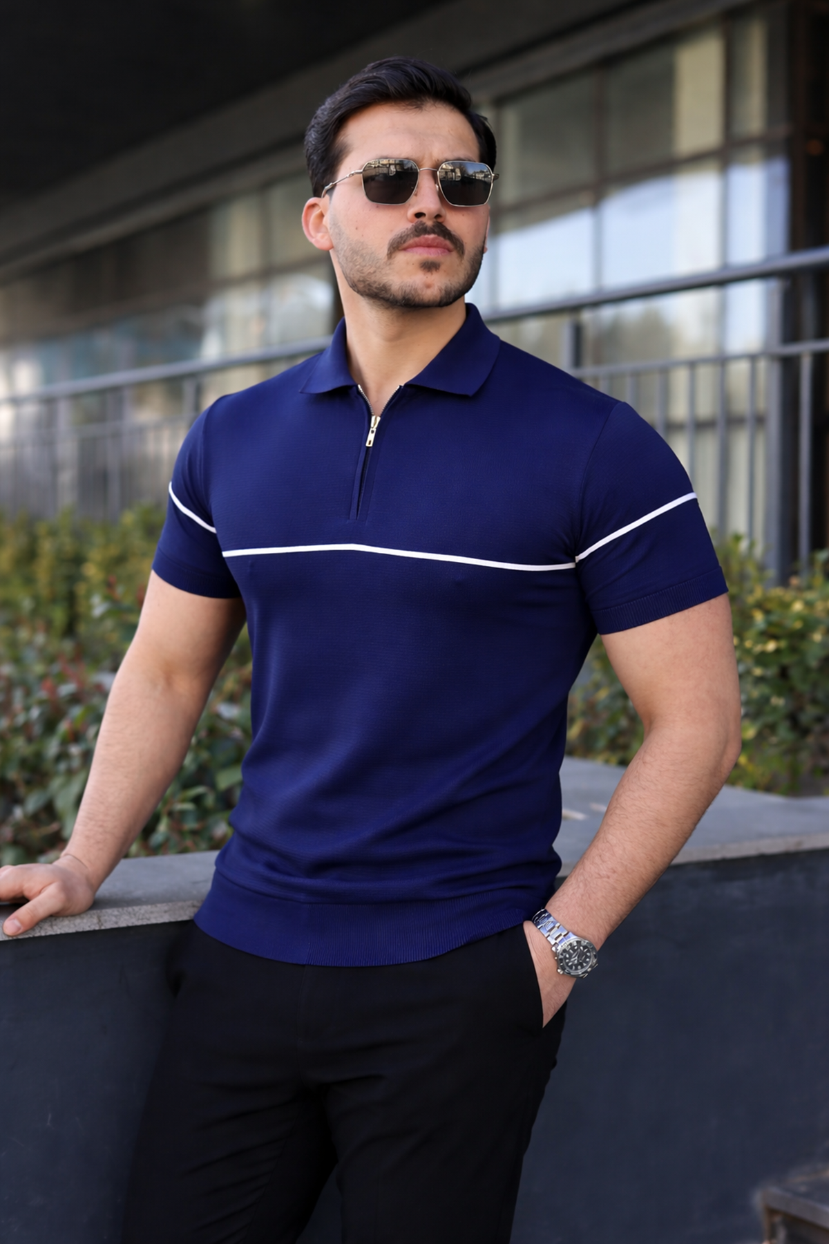 Erkek Günlük Çizgili Fermuarlı Triko Lacivert Polo Yaka Tişört