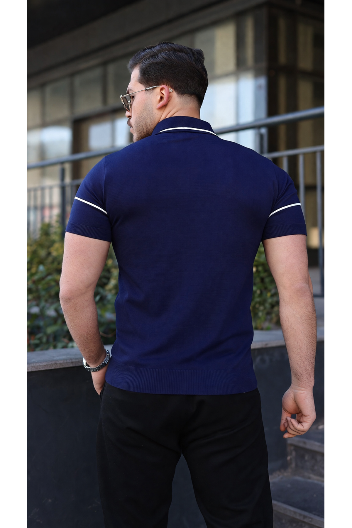 Erkek Günlük Çizgili Fermuarlı Triko Lacivert Polo Yaka Tişört