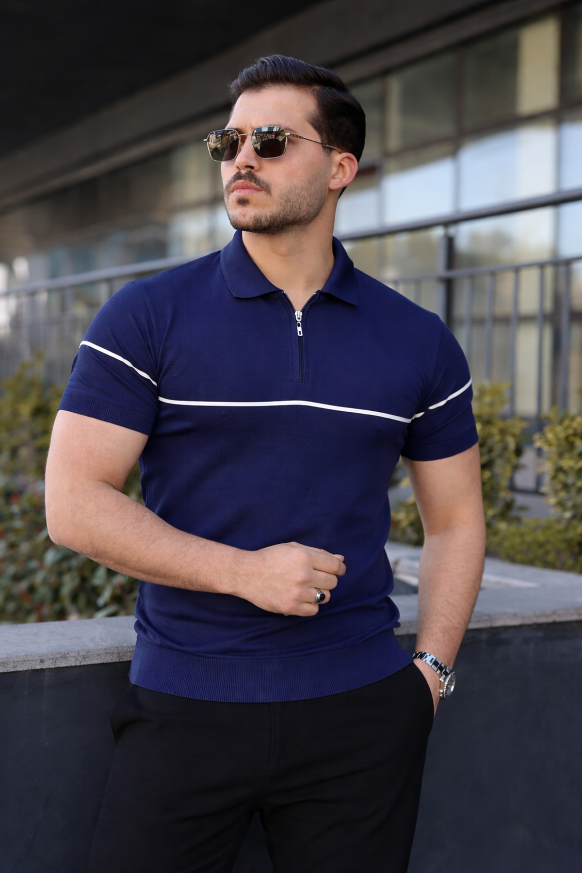 Erkek Günlük Çizgili Fermuarlı Triko Lacivert Polo Yaka Tişört