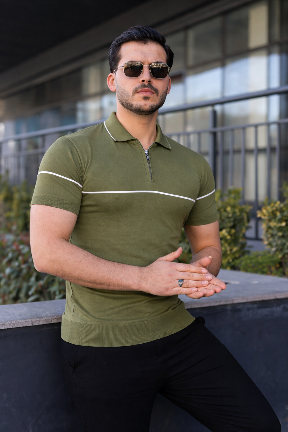 Erkek Günlük Çizgili Fermuarlı Triko Yeşil Polo Yaka Tişört