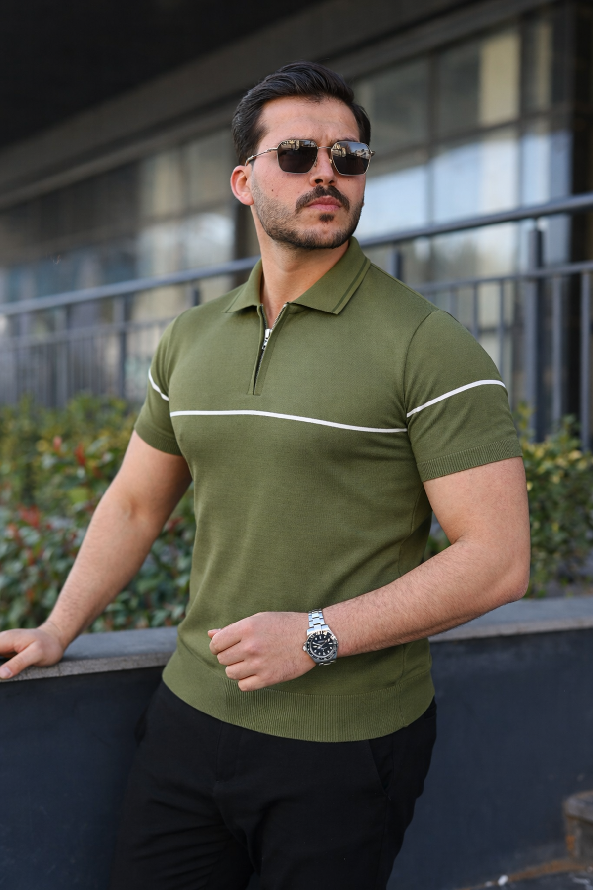 Erkek Günlük Çizgili Fermuarlı Triko Yeşil Polo Yaka Tişört