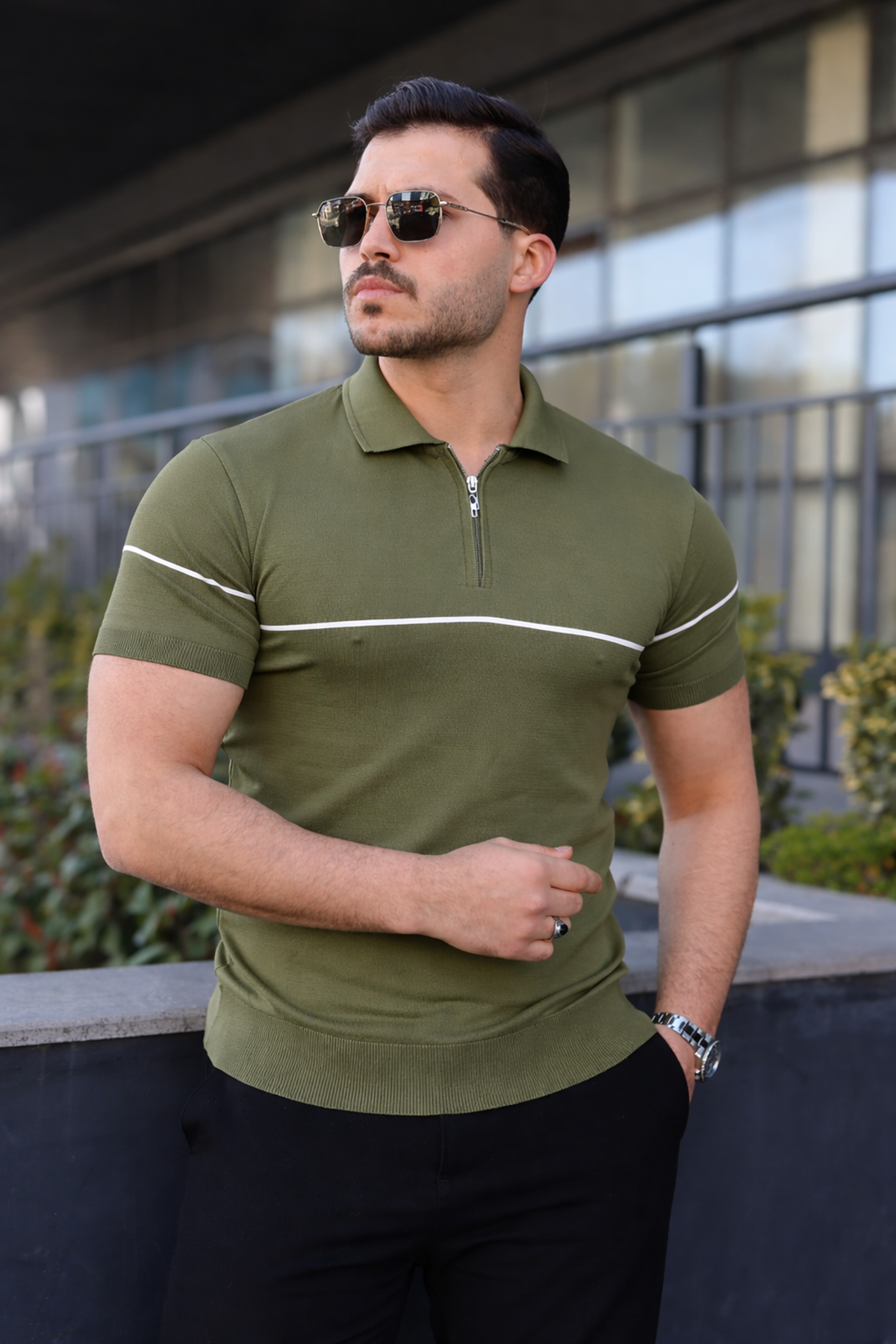 Erkek Günlük Çizgili Fermuarlı Triko Yeşil Polo Yaka Tişört