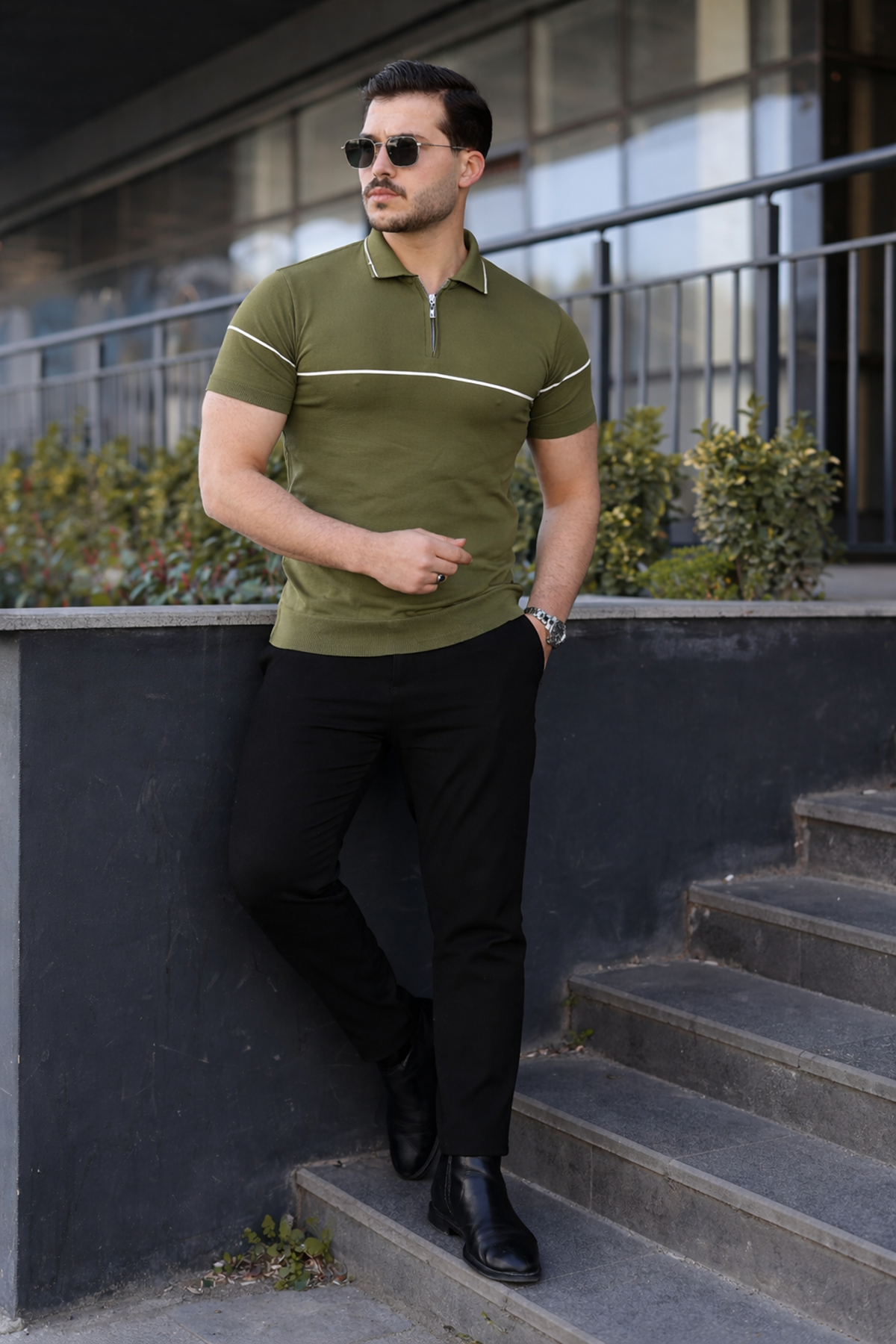 Erkek Günlük Çizgili Fermuarlı Triko Yeşil Polo Yaka Tişört