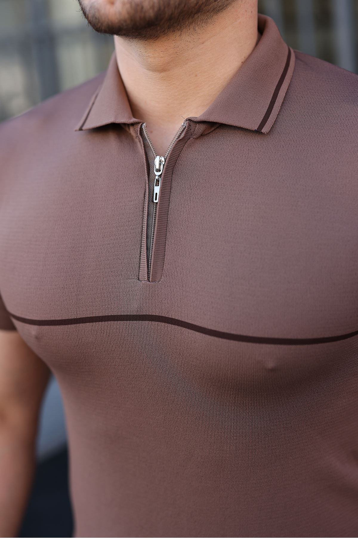Erkek Günlük Çizgili Fermuarlı Triko S.Kahve Polo Yaka Tişört