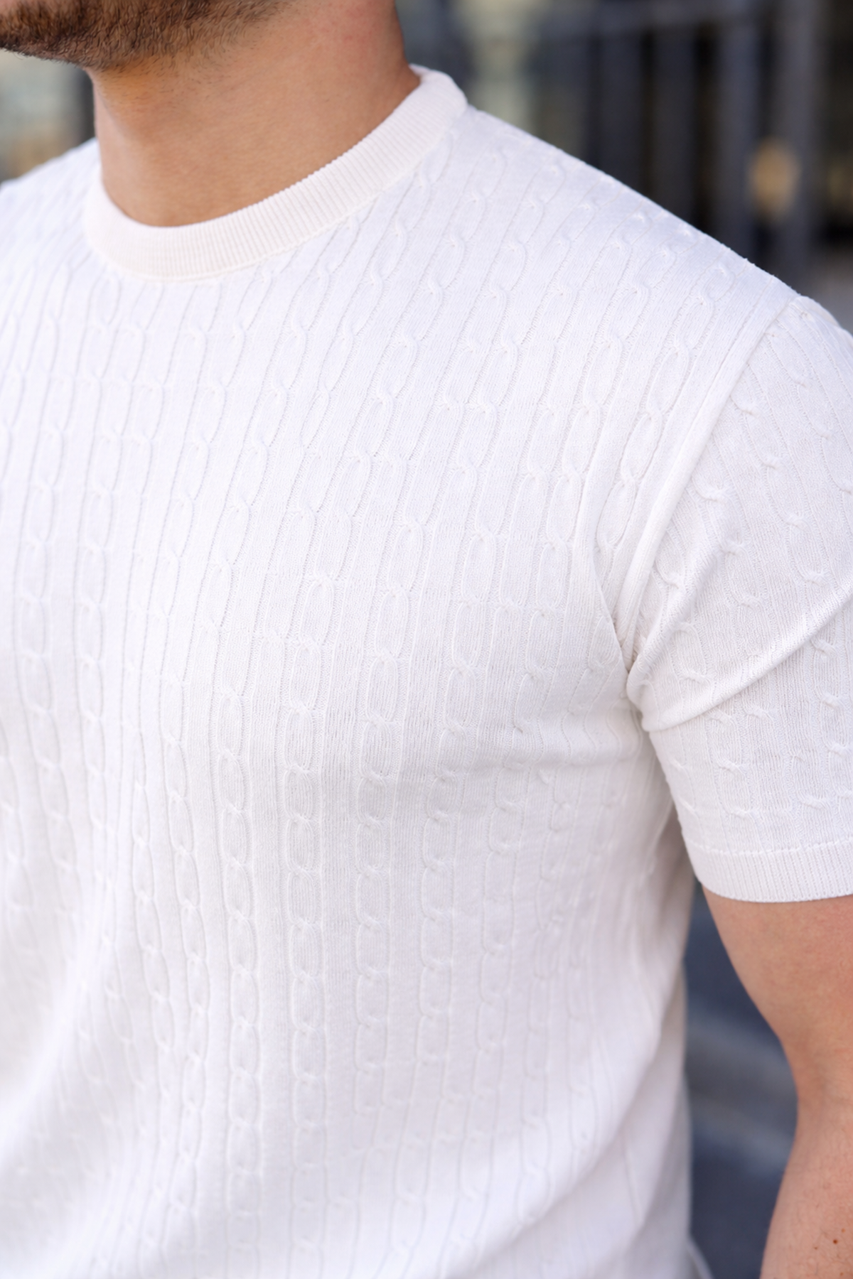 Erkek Premium Çizgili Yazlık Beyaz Dar Triko Tişört