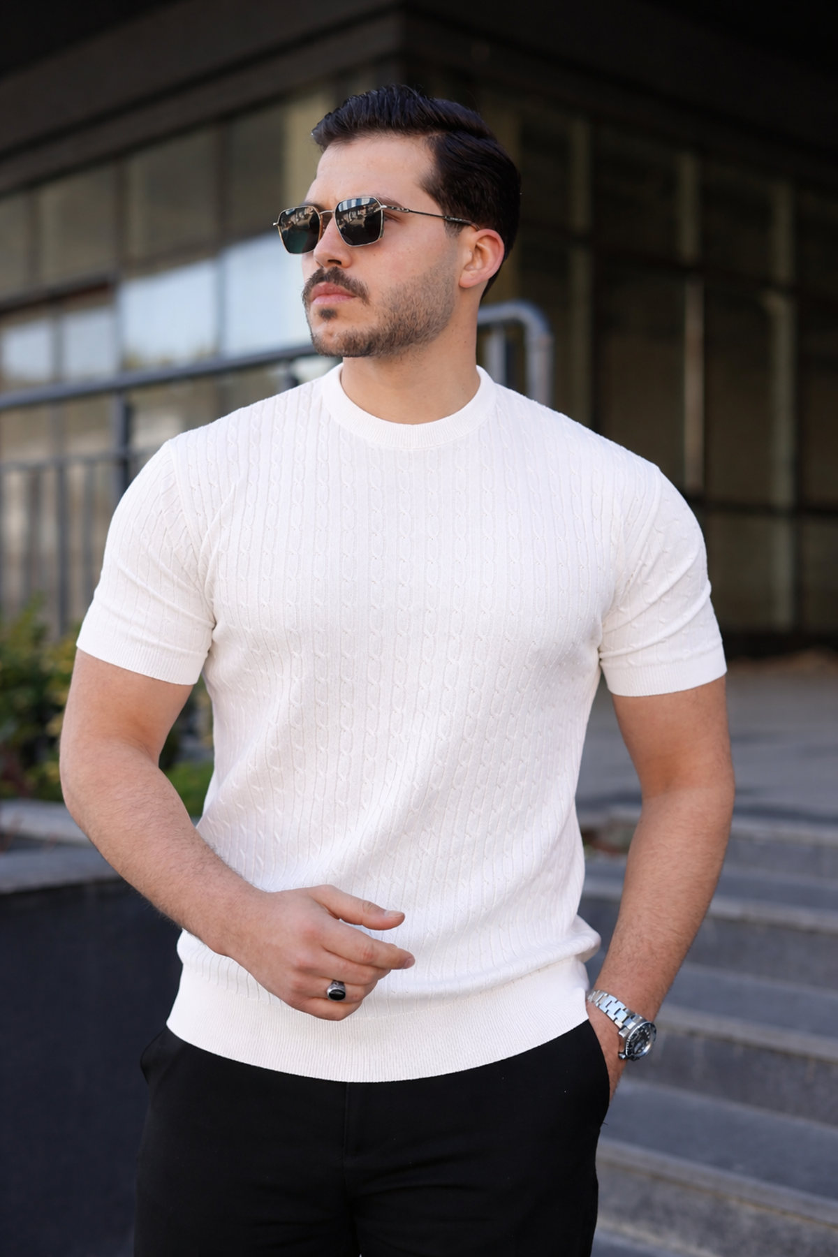 Erkek Premium Çizgili Yazlık Beyaz Dar Triko Tişört