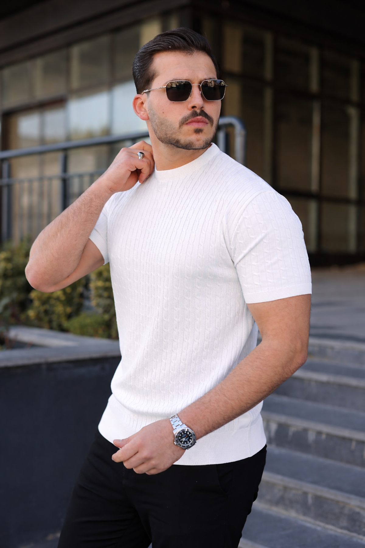 Erkek Premium Çizgili Yazlık Beyaz Dar Triko Tişört