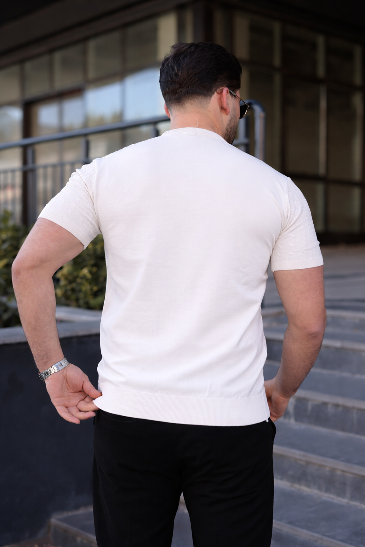 Erkek Premium Çizgili Yazlık Beyaz Dar Triko Tişört