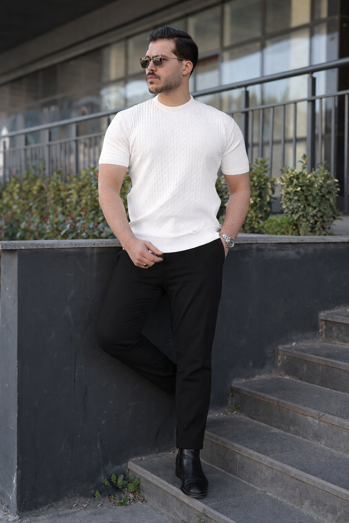 Erkek Premium Çizgili Yazlık Beyaz Dar Triko Tişört