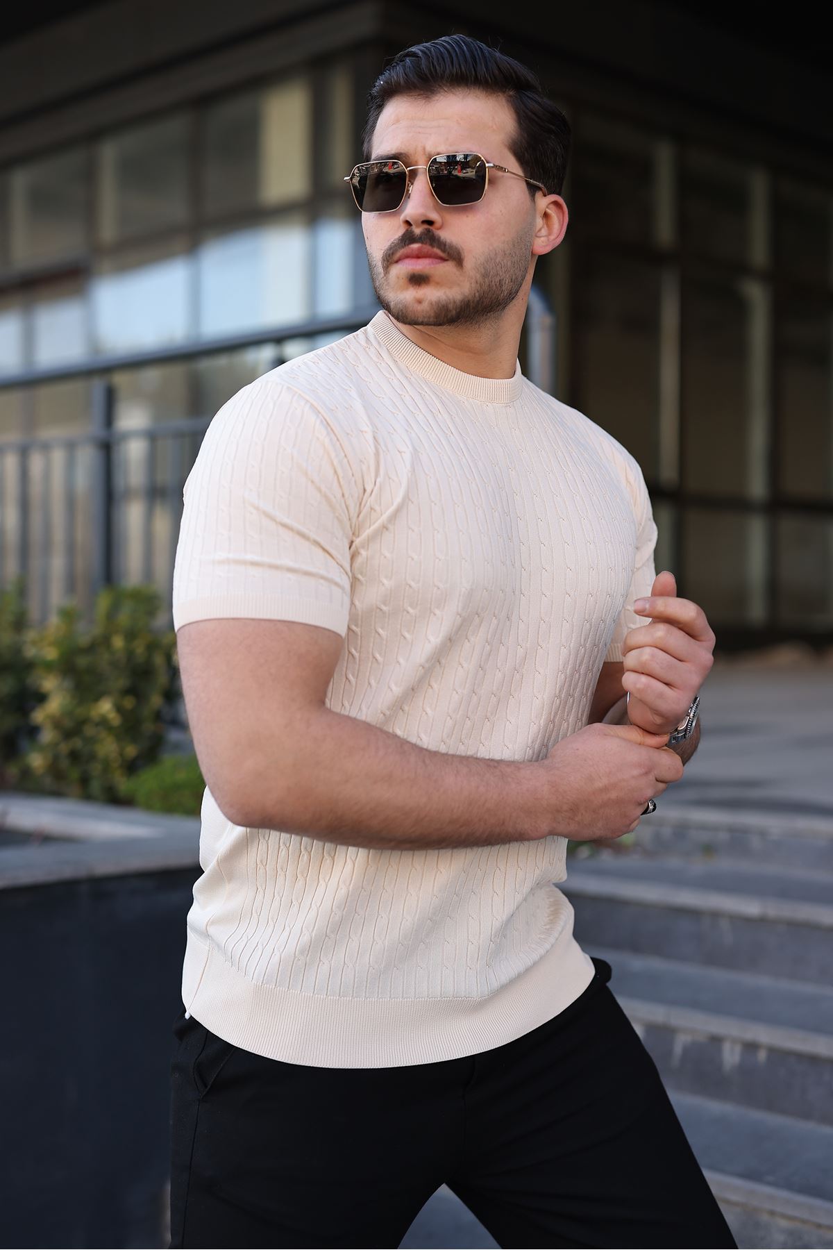 Erkek Premium Çizgili Yazlık Krem Dar Triko Tişört