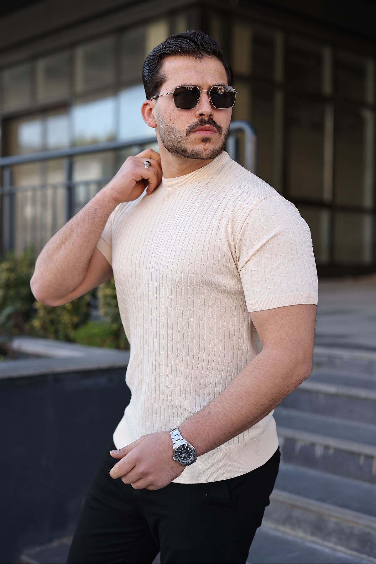 Erkek Premium Çizgili Yazlık Krem Dar Triko Tişört