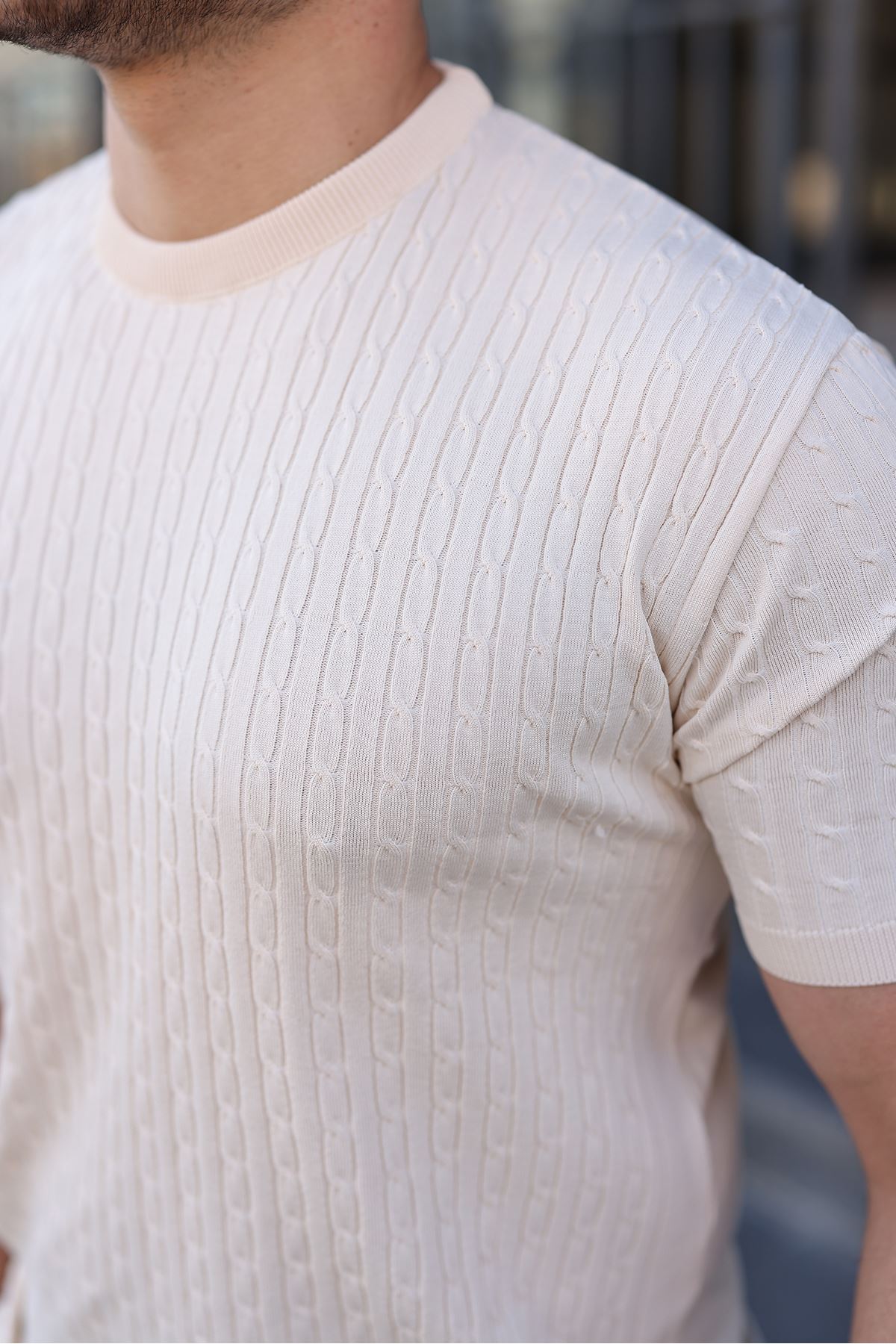 Erkek Premium Çizgili Yazlık Krem Dar Triko Tişört