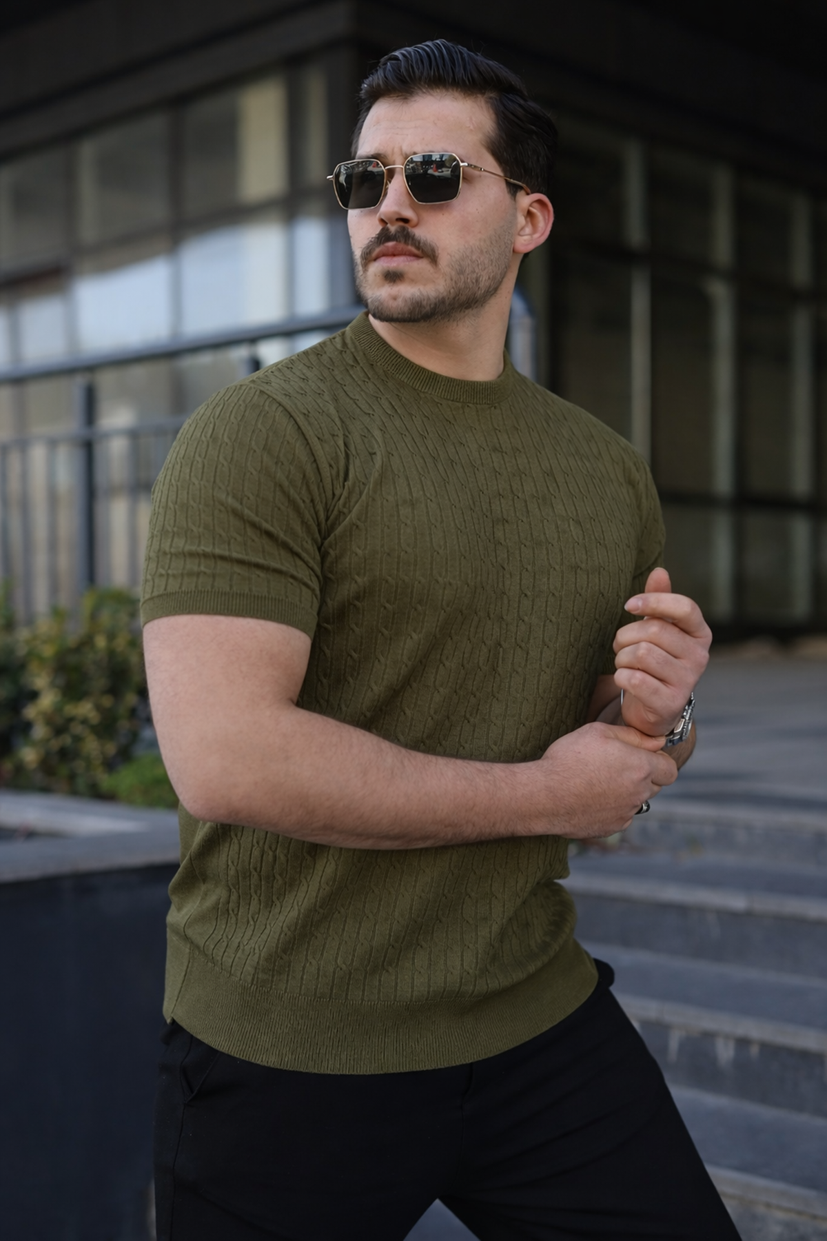 Erkek Premium Çizgili Yazlık Haki Dar Triko Tişört