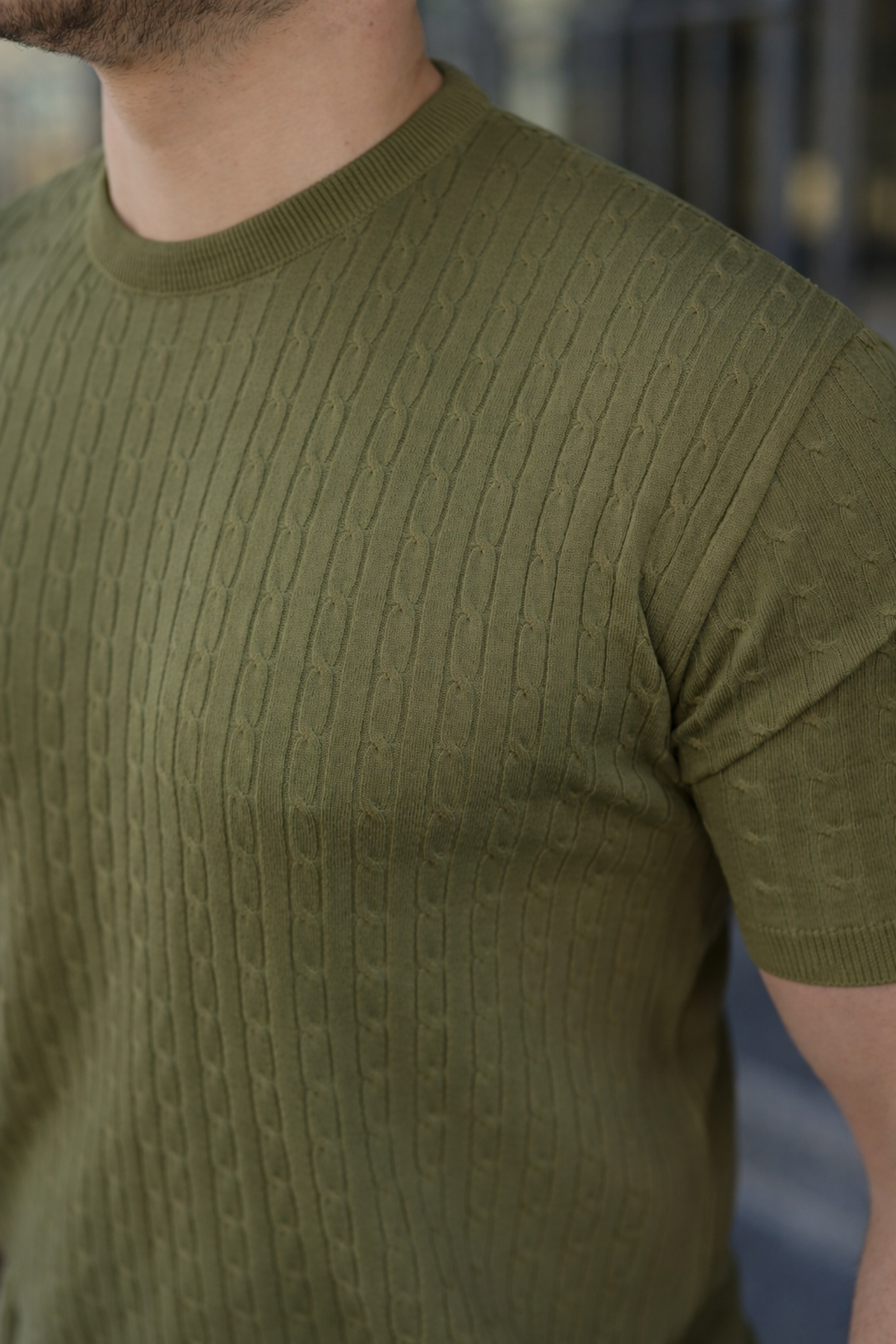 Erkek Premium Çizgili Yazlık Haki Dar Triko Tişört