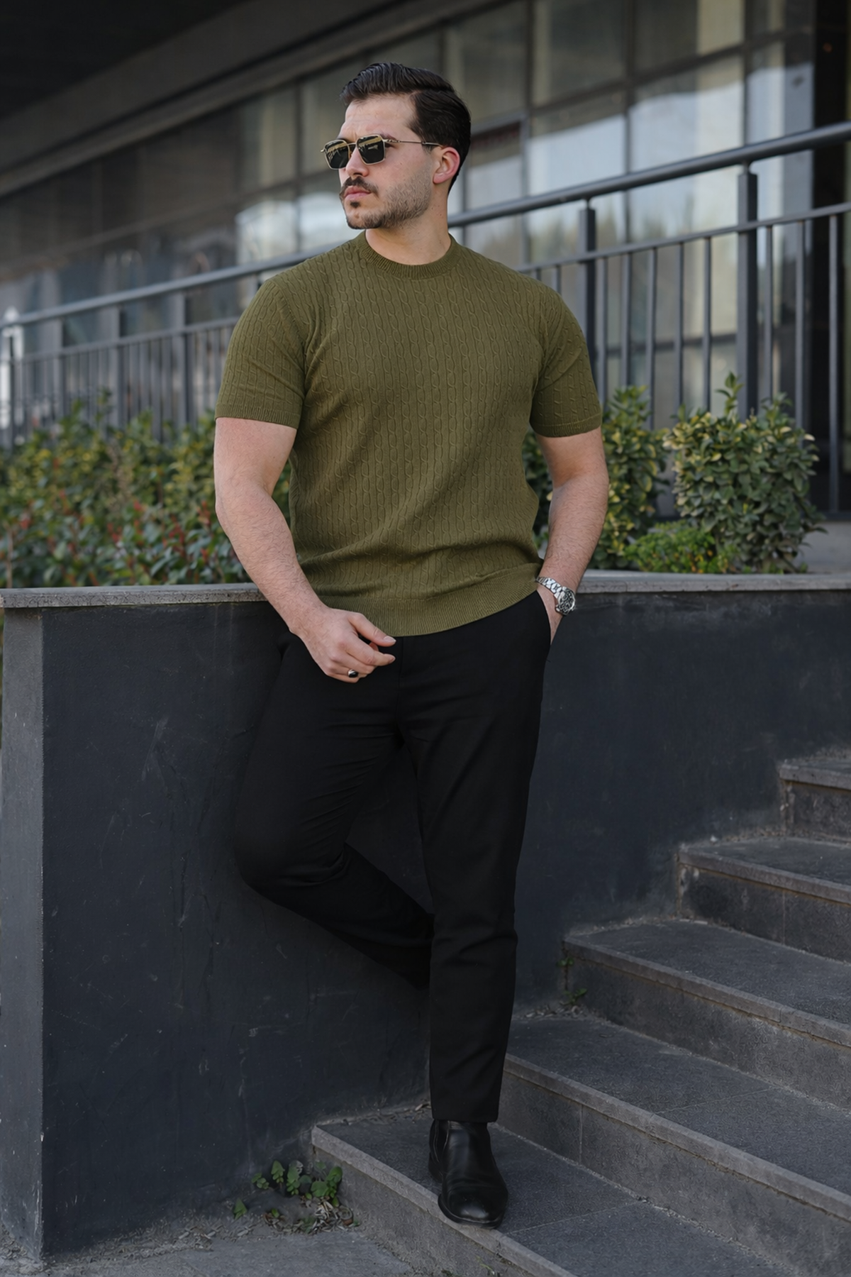 Erkek Premium Çizgili Yazlık Haki Dar Triko Tişört