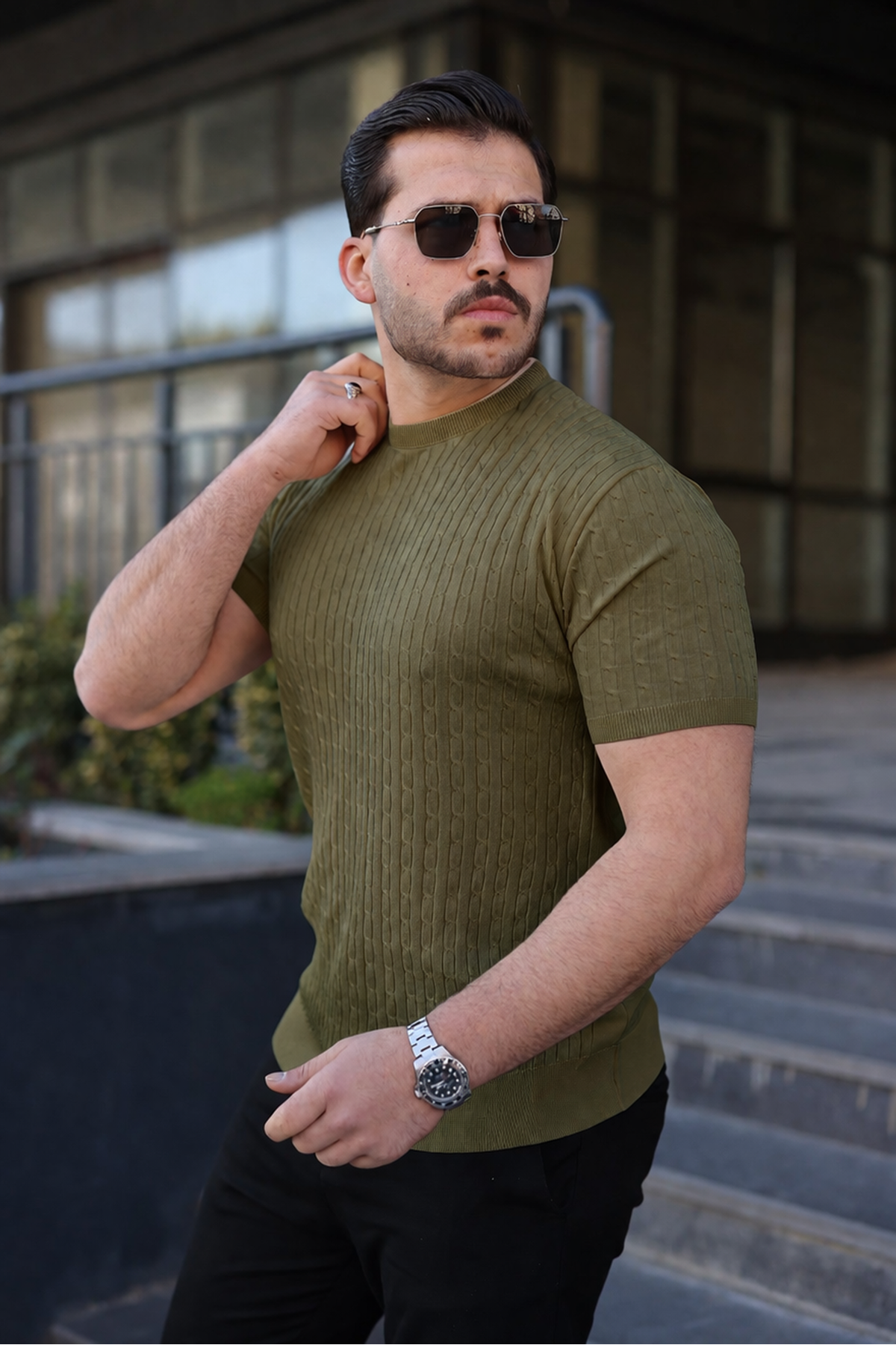 Erkek Premium Çizgili Yazlık Haki Dar Triko Tişört