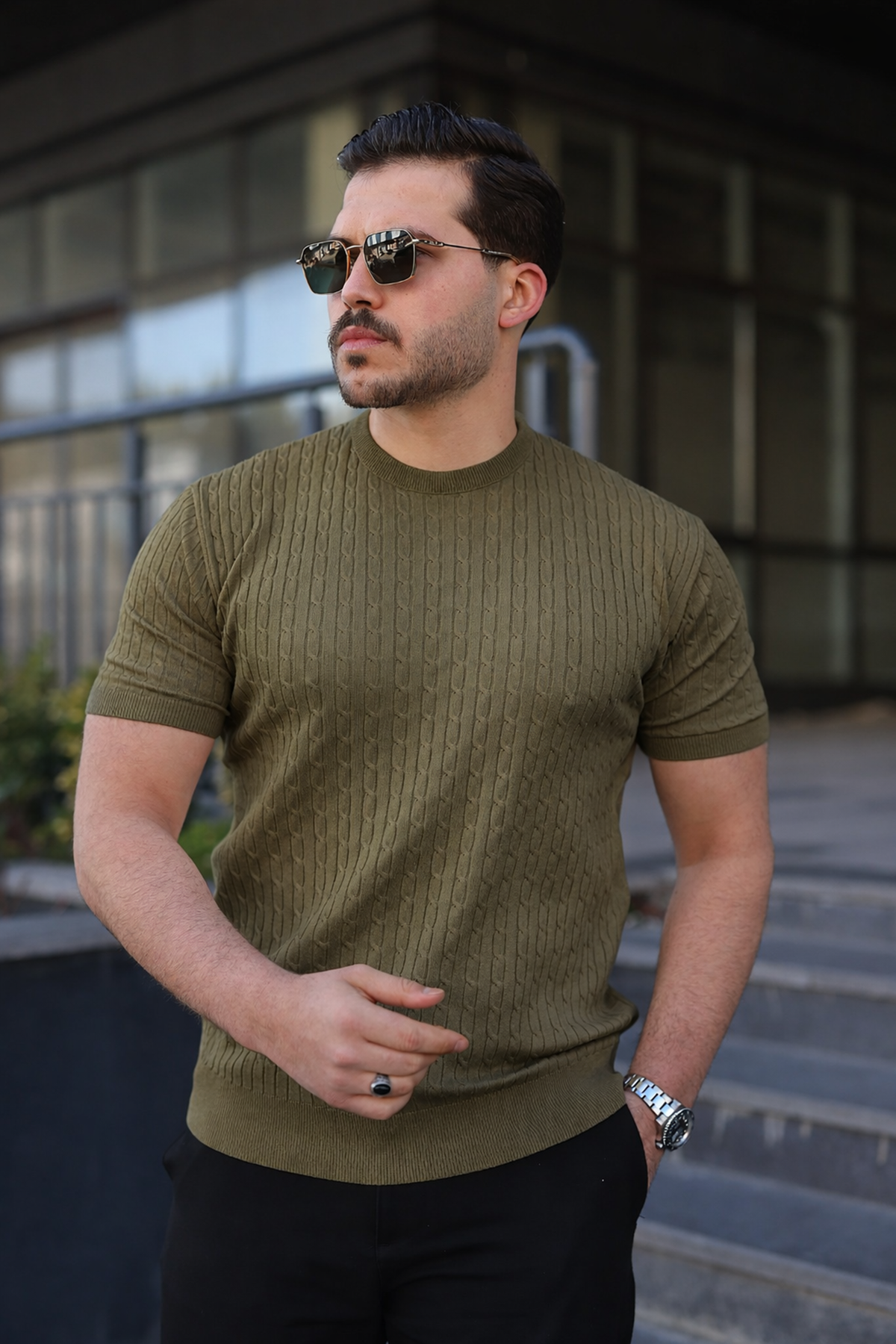 Erkek Premium Çizgili Yazlık Haki Dar Triko Tişört