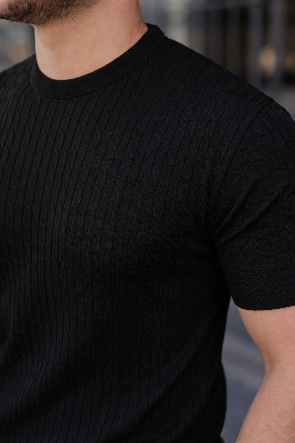 Erkek Premium Çizgili Yazlık Siyah Dar Triko Tişört