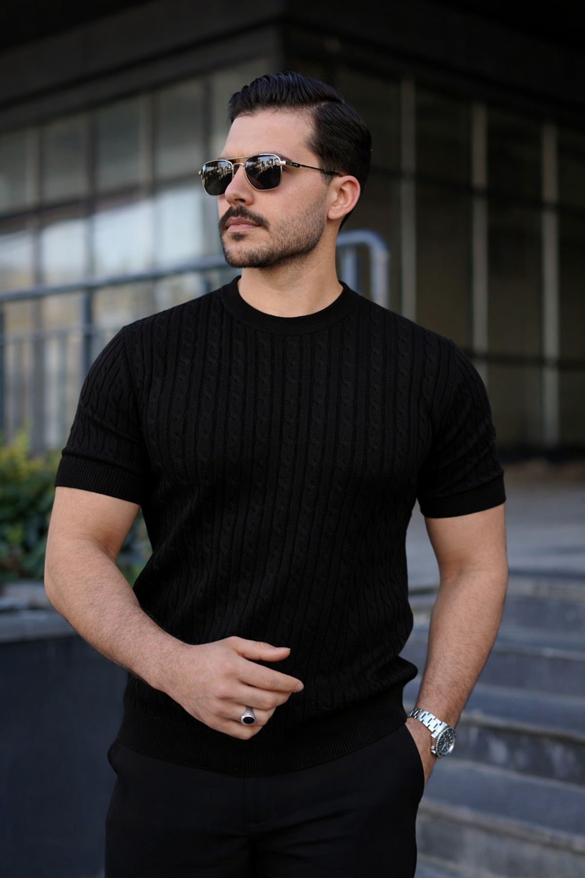 Erkek Premium Çizgili Yazlık Siyah Dar Triko Tişört