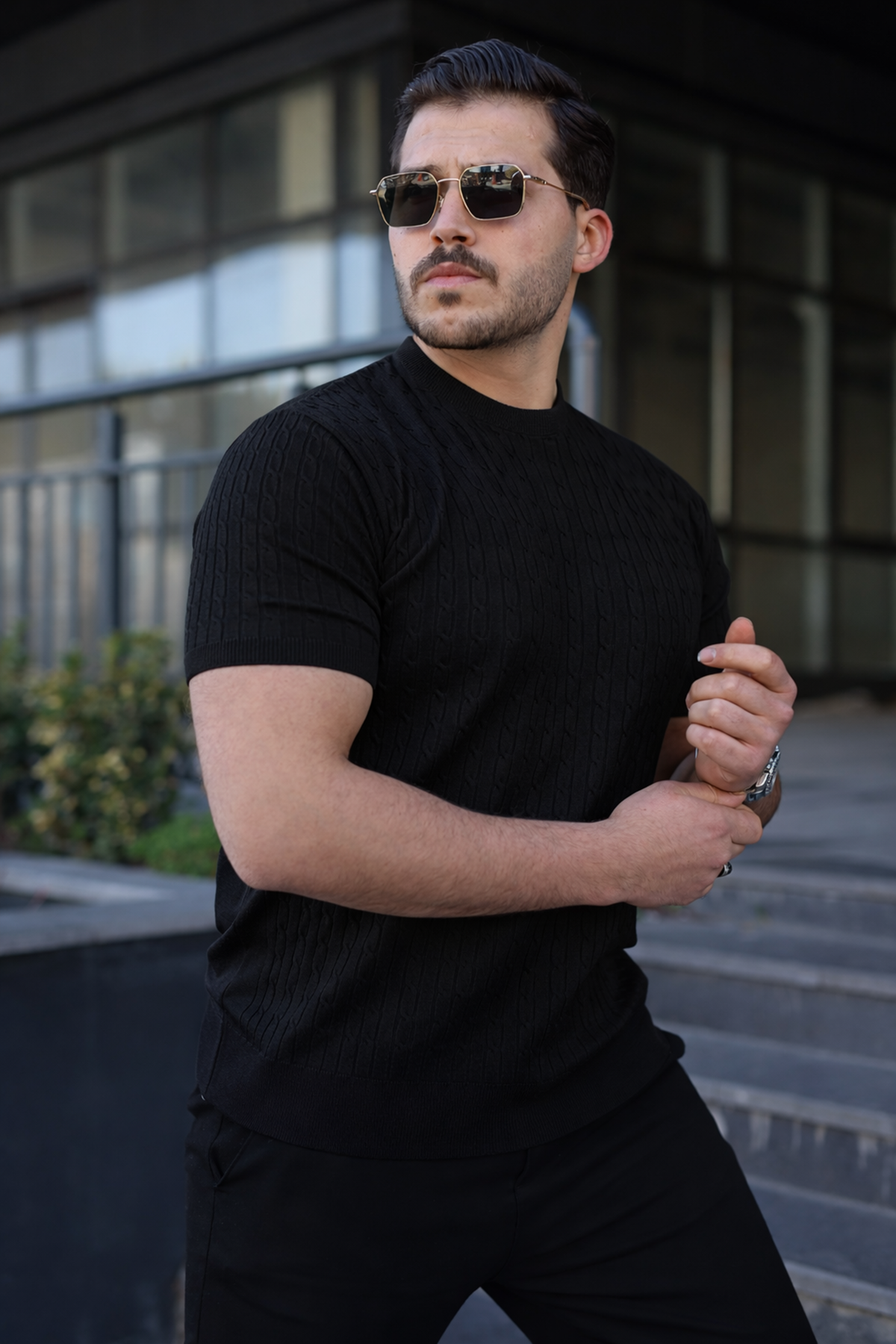 Erkek Premium Çizgili Yazlık Siyah Dar Triko Tişört