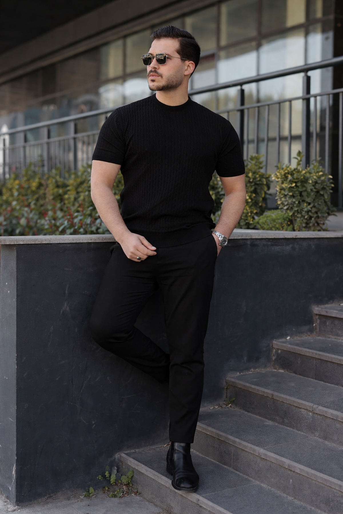 Erkek Premium Çizgili Yazlık Siyah Dar Triko Tişört