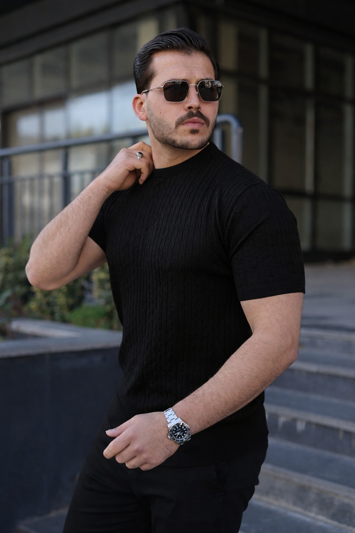 Erkek Premium Çizgili Yazlık Siyah Dar Triko Tişört