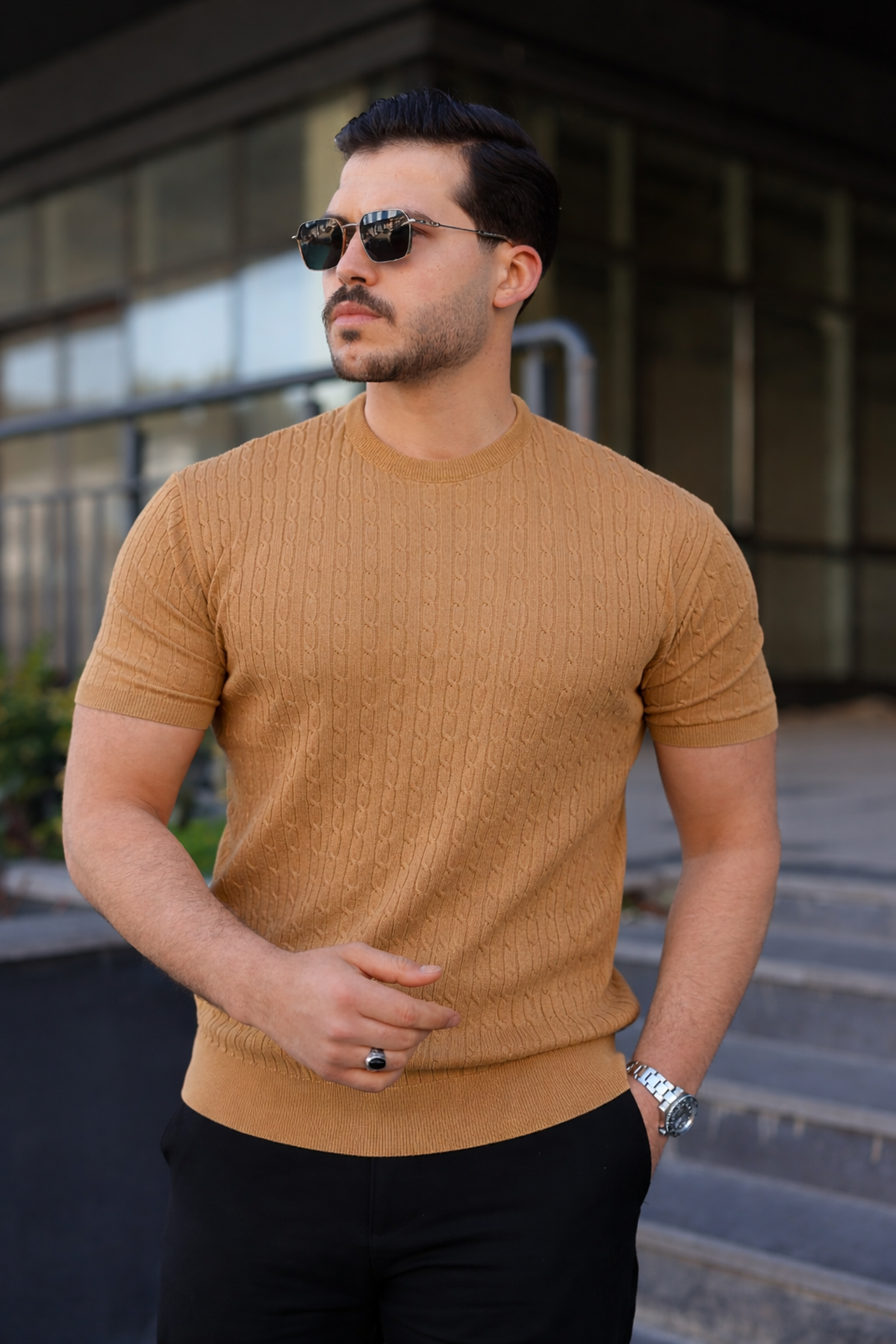 Erkek Premium Çizgili Yazlık Camel Dar Triko Tişört