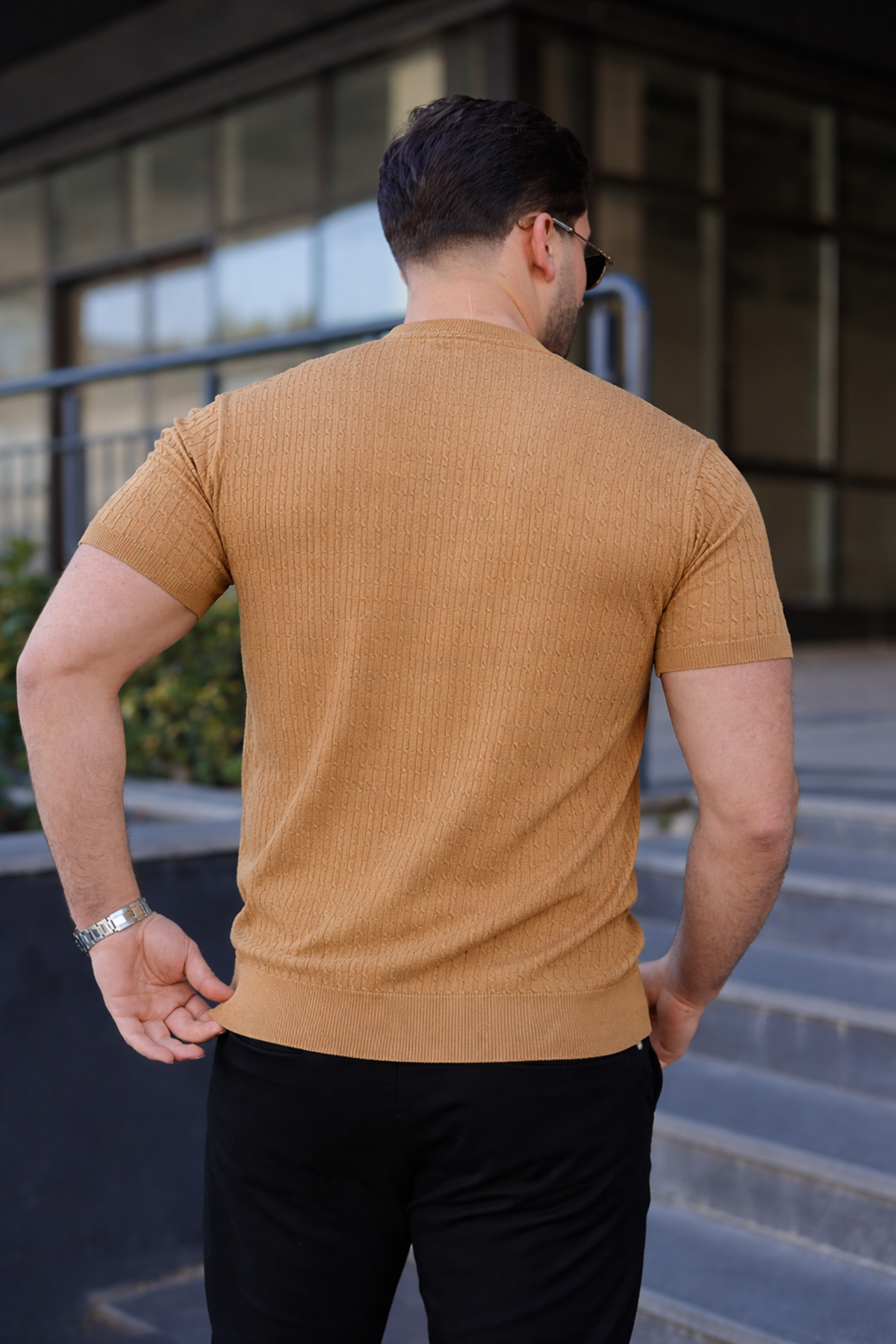 Erkek Premium Çizgili Yazlık Camel Dar Triko Tişört