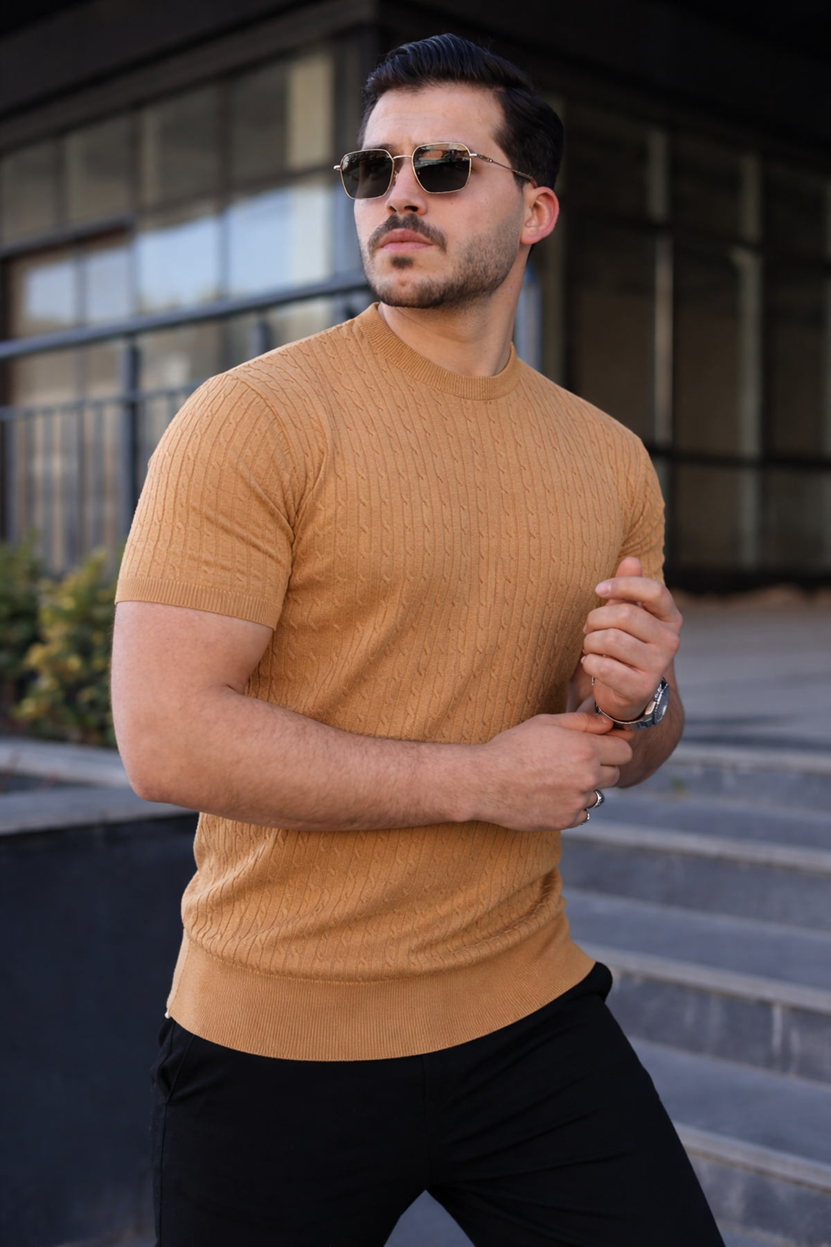 Erkek Premium Çizgili Yazlık Camel Dar Triko Tişört