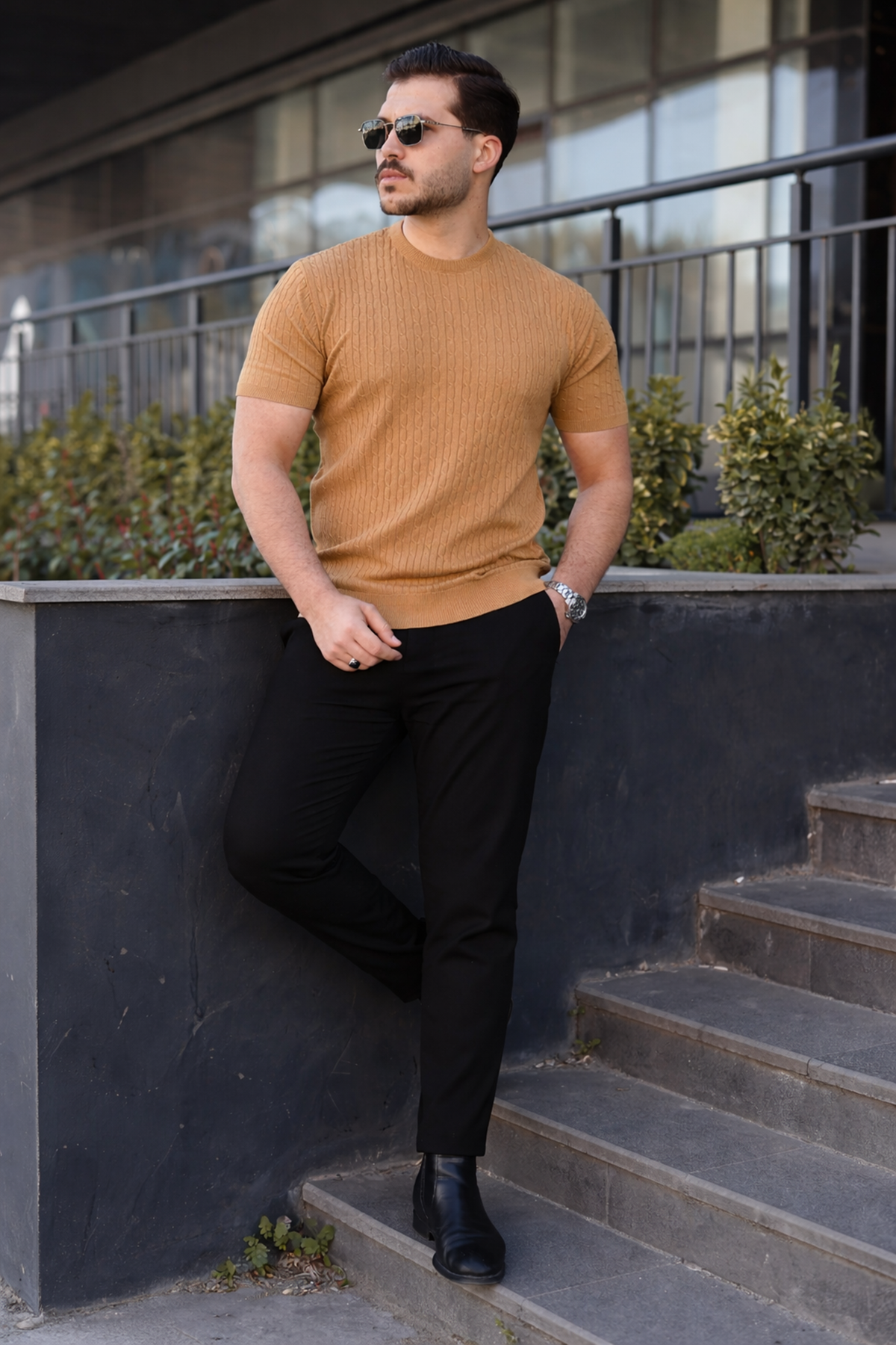 Erkek Premium Çizgili Yazlık Camel Dar Triko Tişört