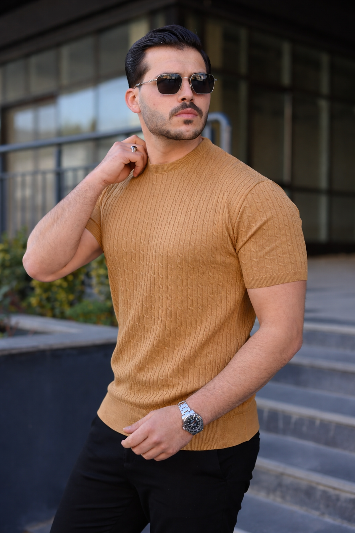 Erkek Premium Çizgili Yazlık Camel Dar Triko Tişört