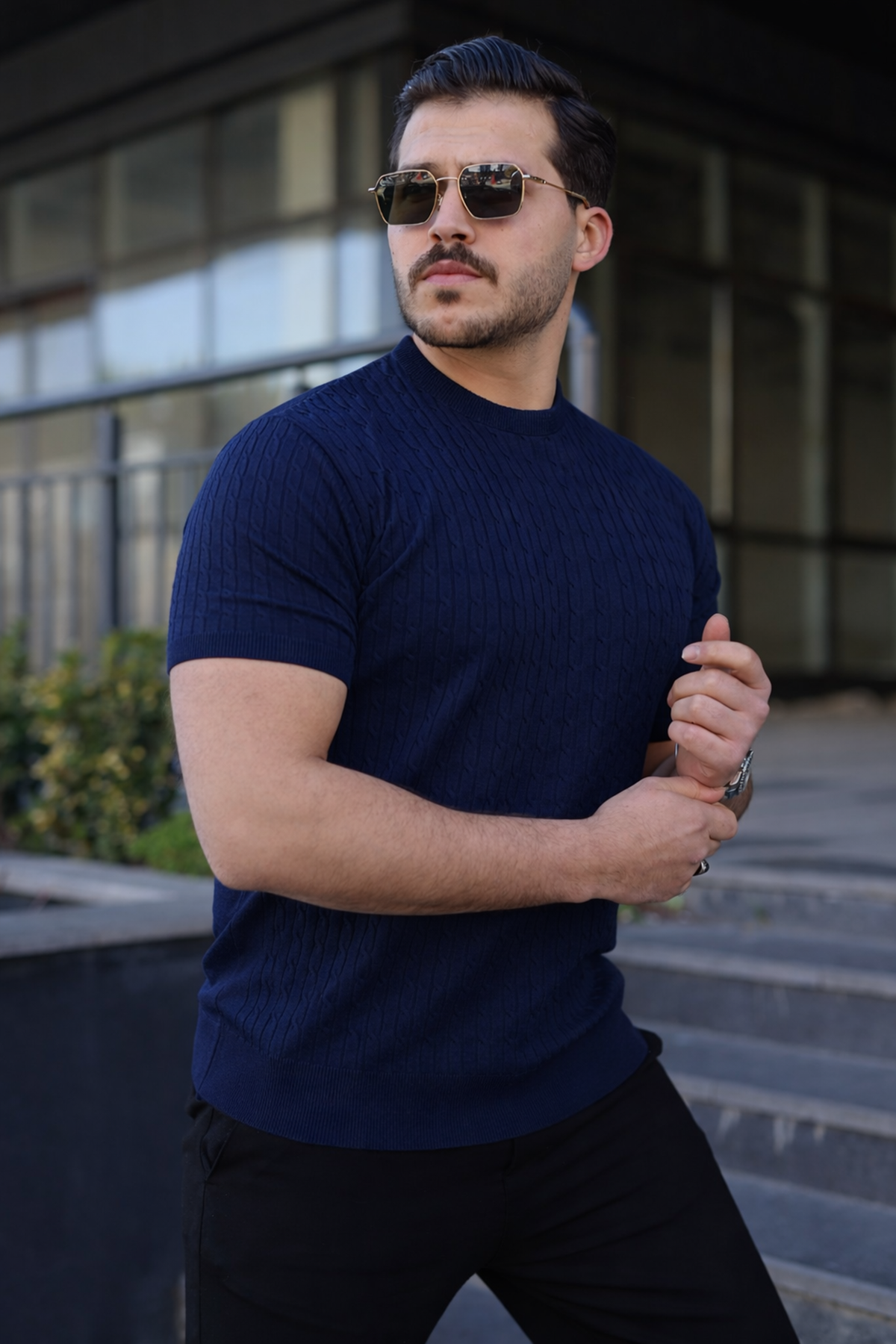 Erkek Premium Çizgili Yazlık Lacivert Dar Triko Tişört