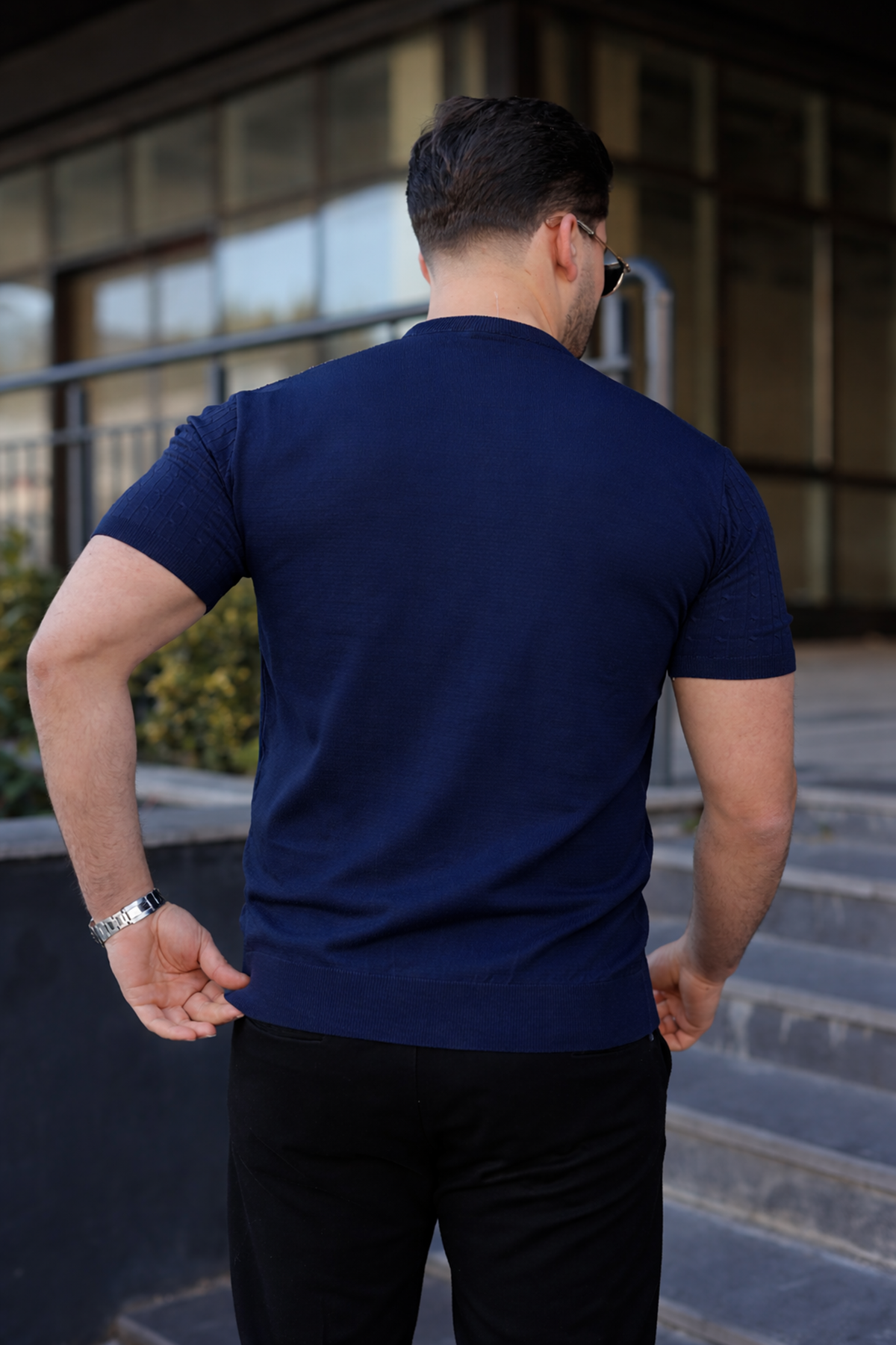 Erkek Premium Çizgili Yazlık Lacivert Dar Triko Tişört